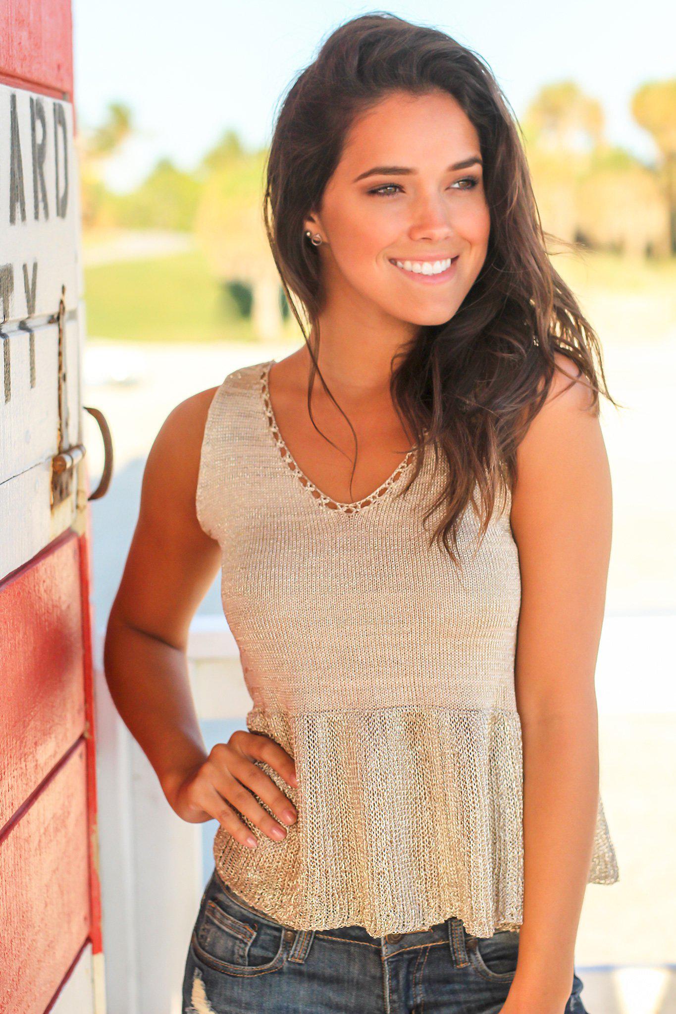Stylish Light Golden Women's Top Featuring a Ruffled Hem