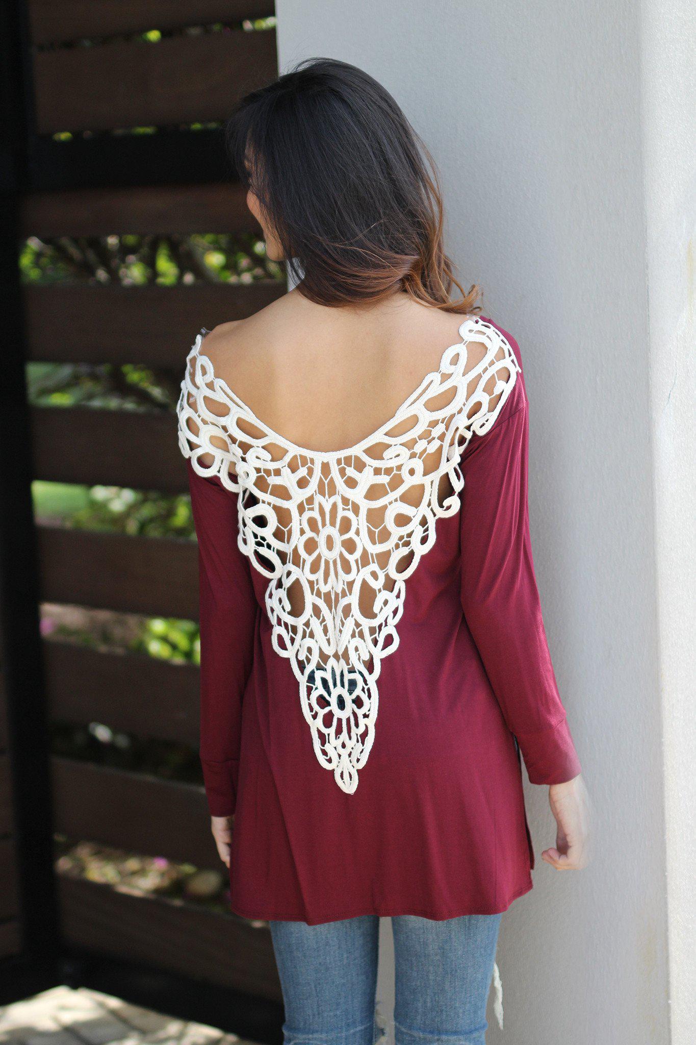 Stylish Burgundy Crochet V-Back Women's Top for Various Occasions