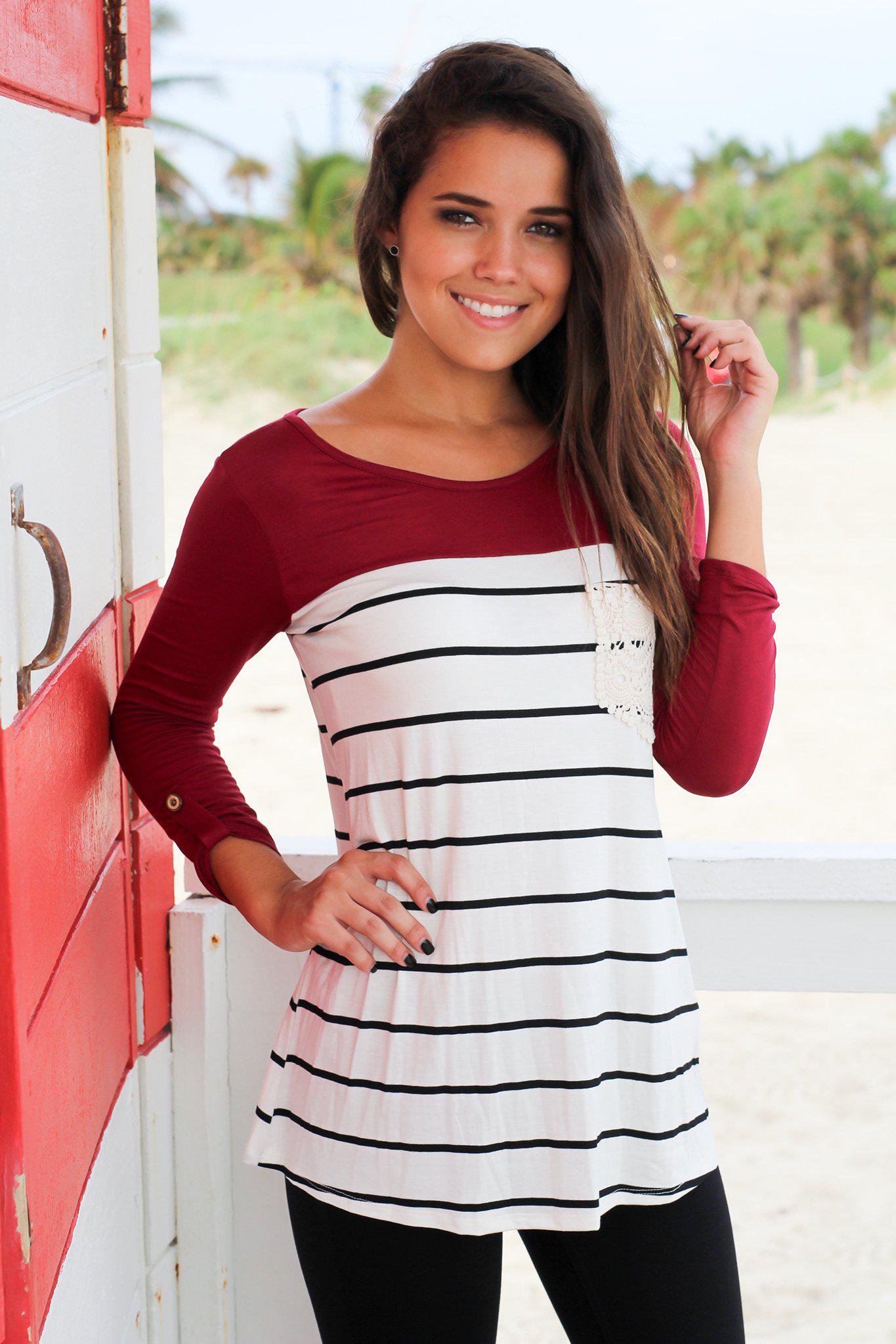 Stylish Women's Burgundy Striped Top Featuring a Crochet Pocket