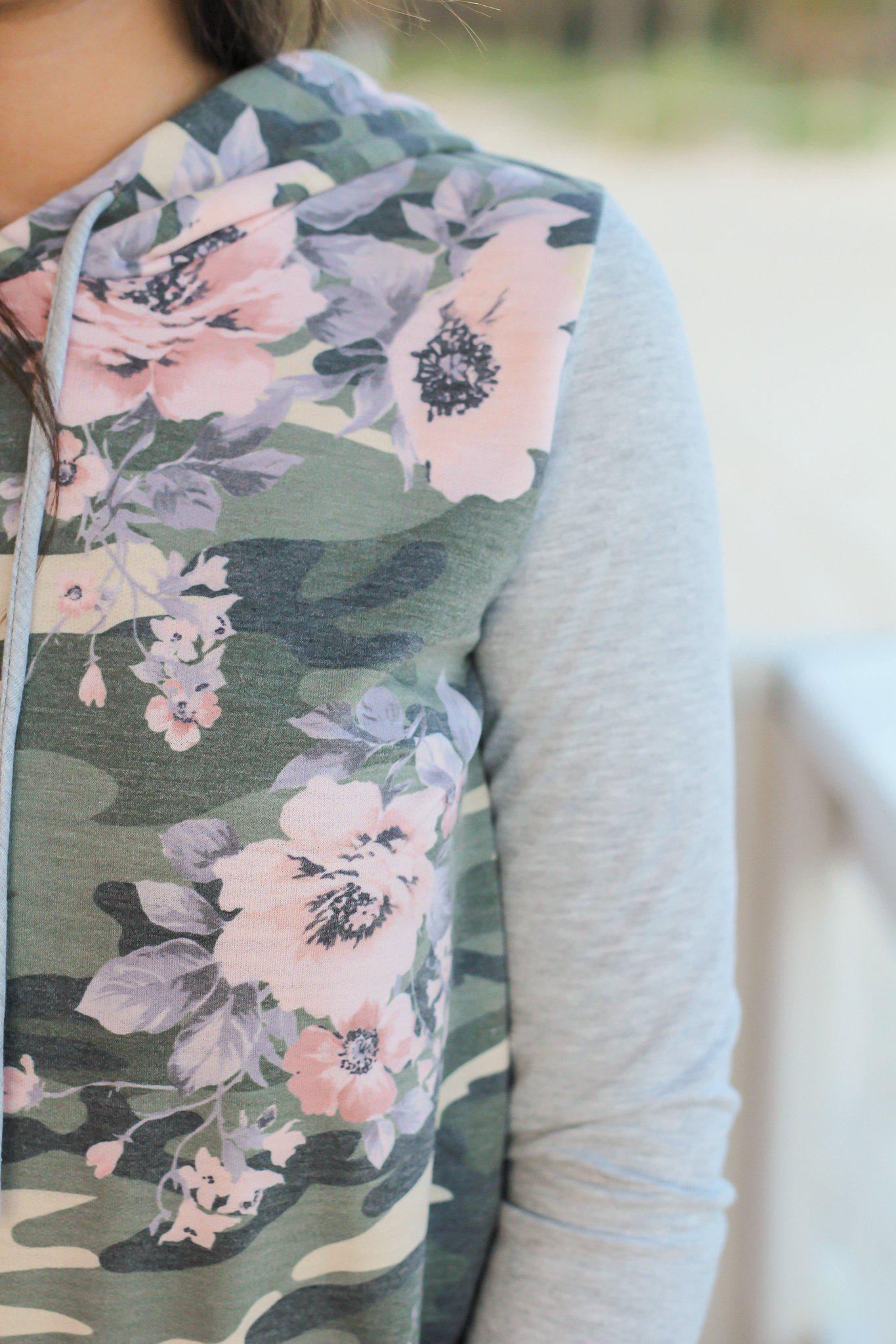 Stylish Olive Camo and Floral Print Hoodie with Drawstring and Pocket