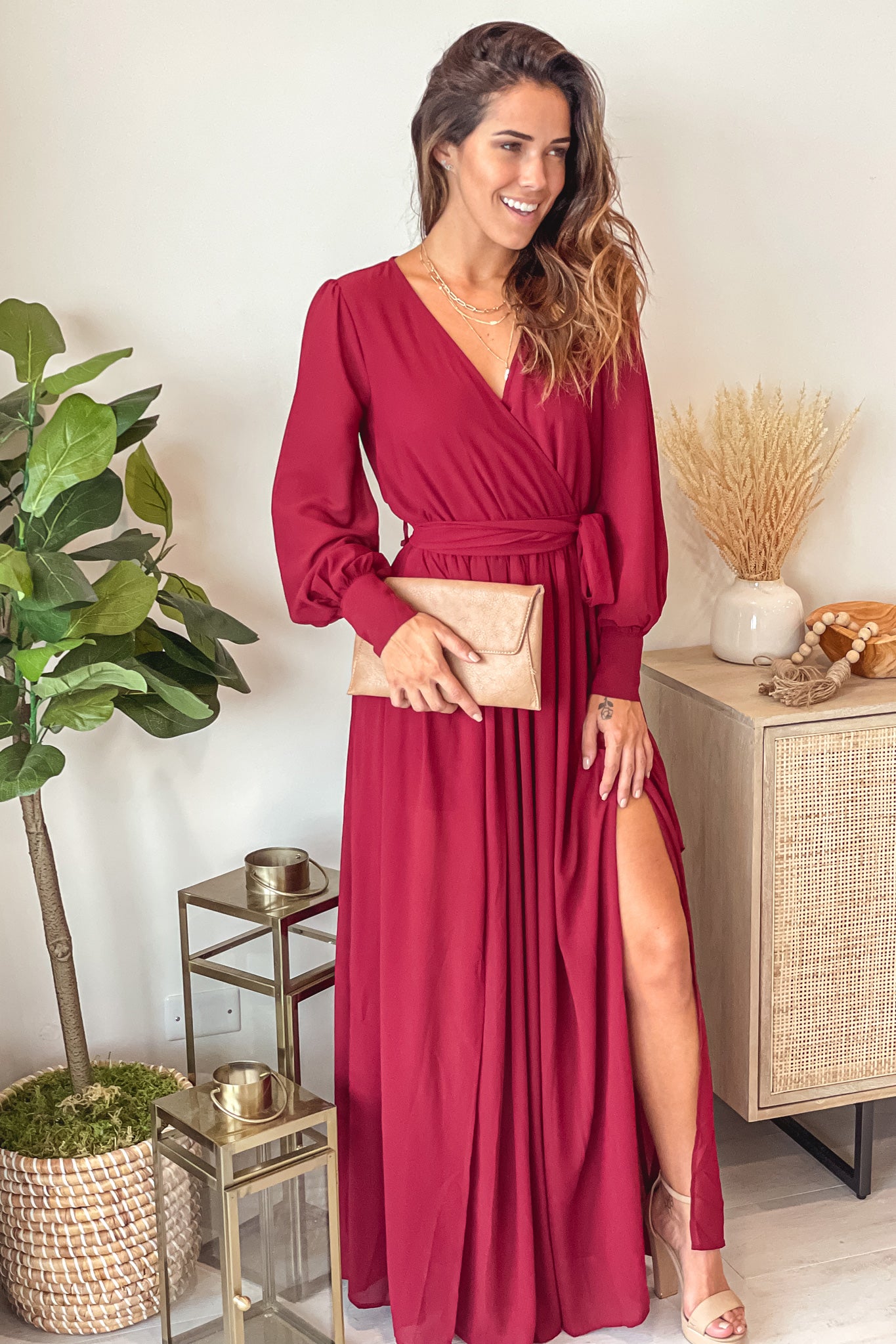 Elegant Burgundy Women's Long - Sleeved Wrap - Style Maxi Dress with Side Slit and Belt