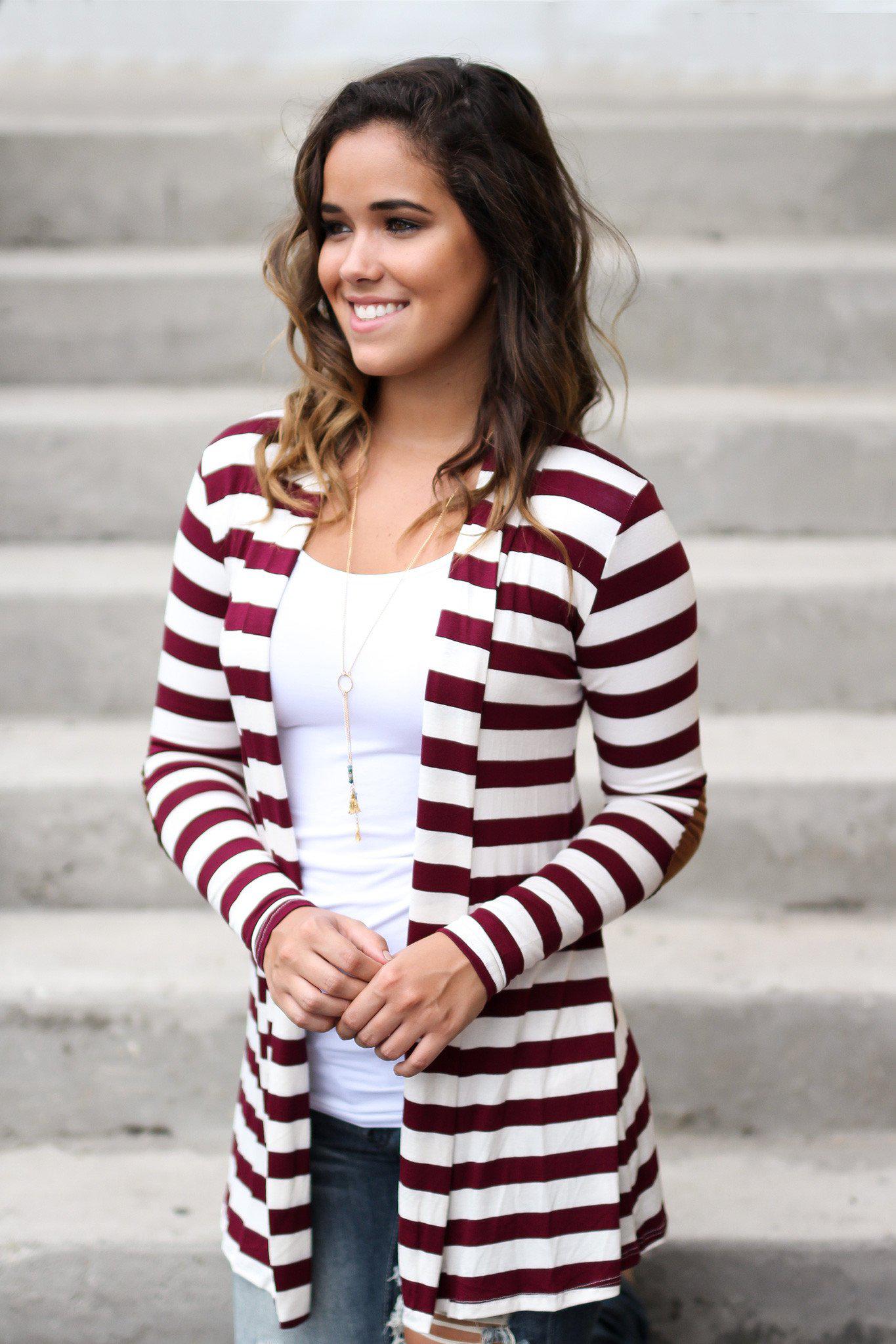 Stylish Fall Burgundy and White Striped Cardigan with Tan Elbow Patches