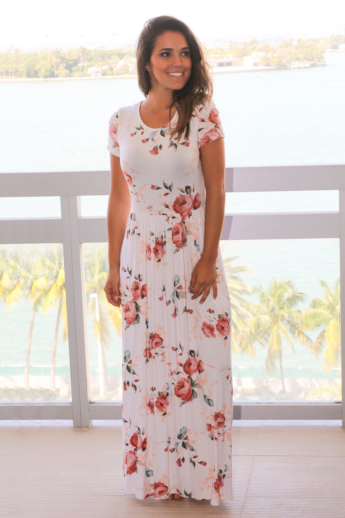 Elegant Ivory Floral Maxi Dress with Stylish Criss Cross Back Design