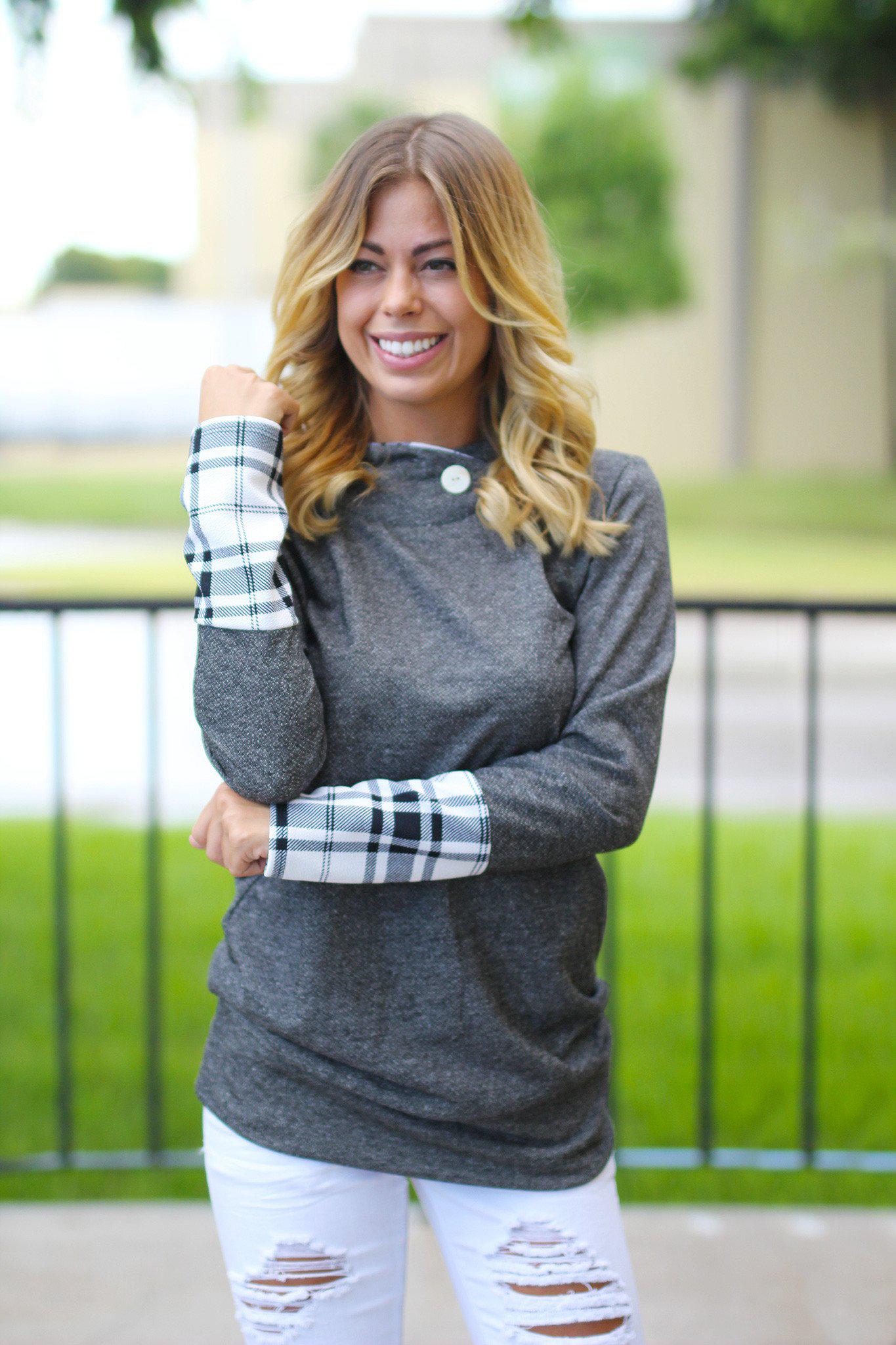 Stylish Charcoal Plaid Hooded Tunic for Fall and Winter