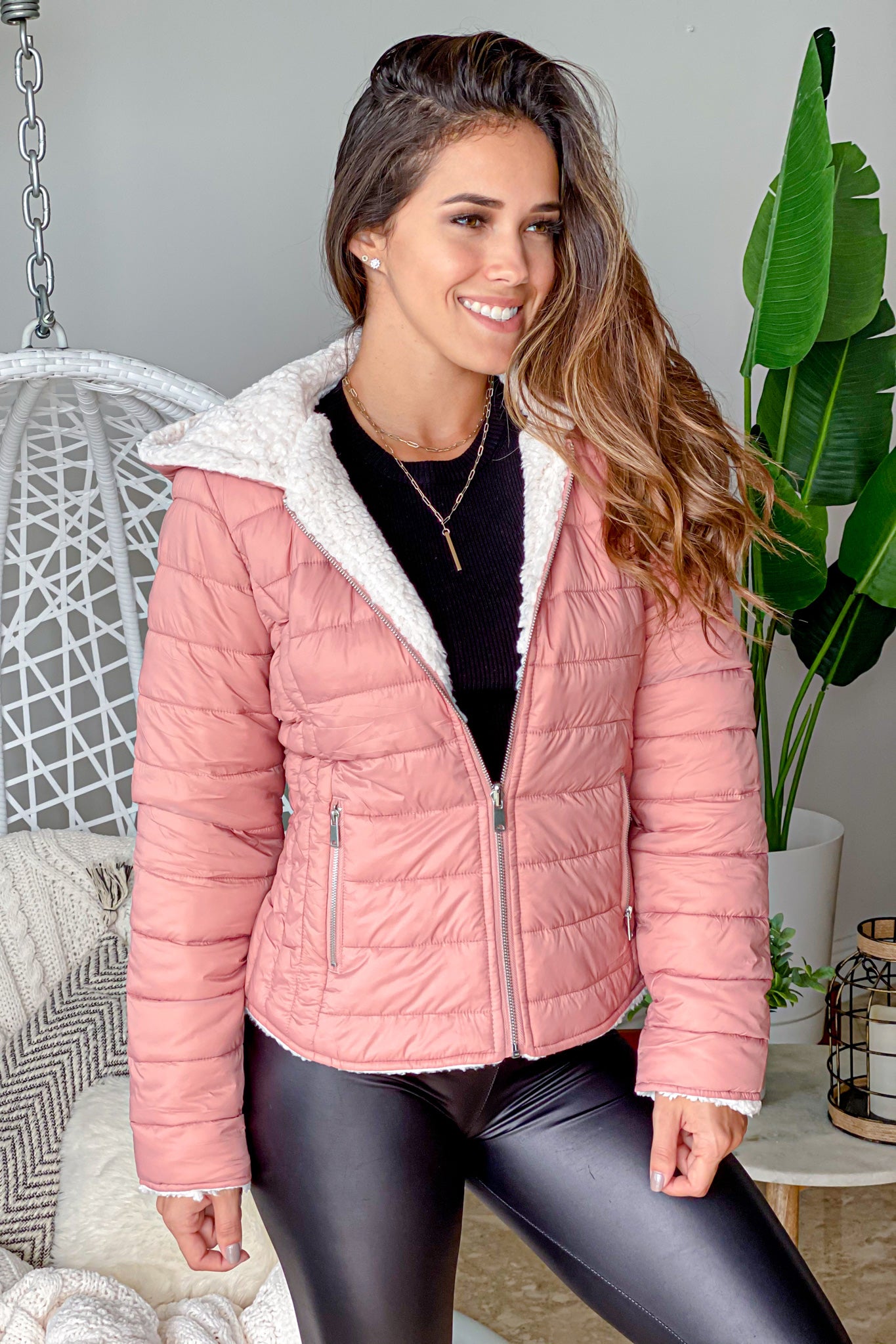Stylish Reversible Puffer Jacket in Mauve Color with Faux Sherpa Interior