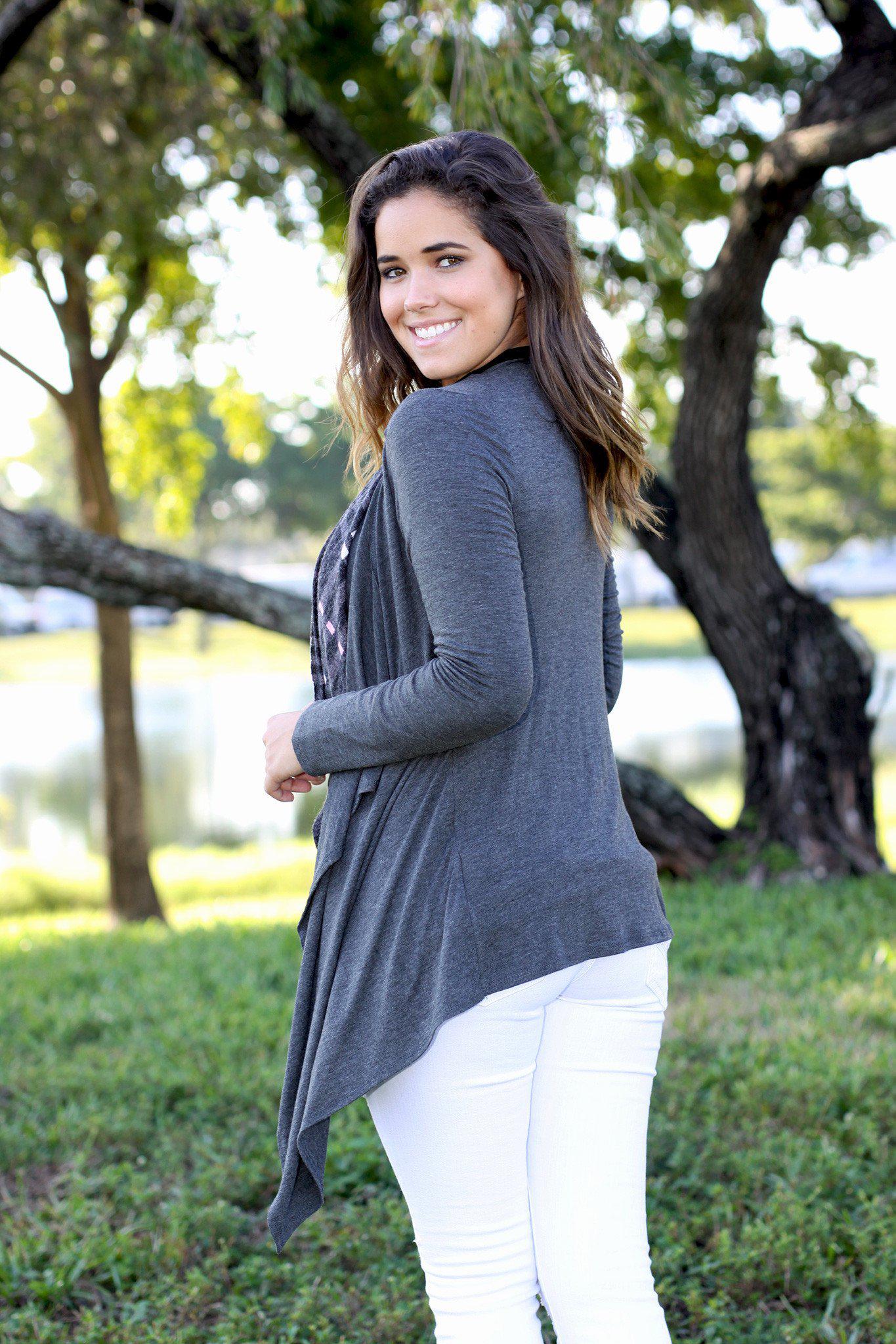 Stylish Charcoal Double - Layer Asymmetrical Plaid Cardigan