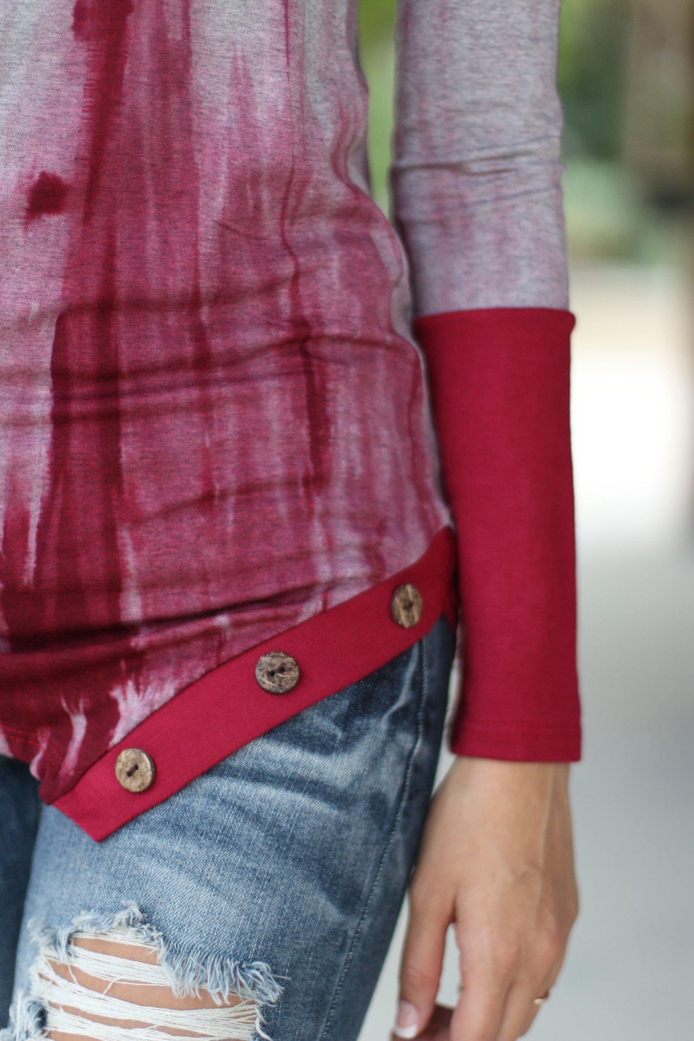 Stylish Burgundy Tie Dye Long Sleeve Asymmetrical Women's Top