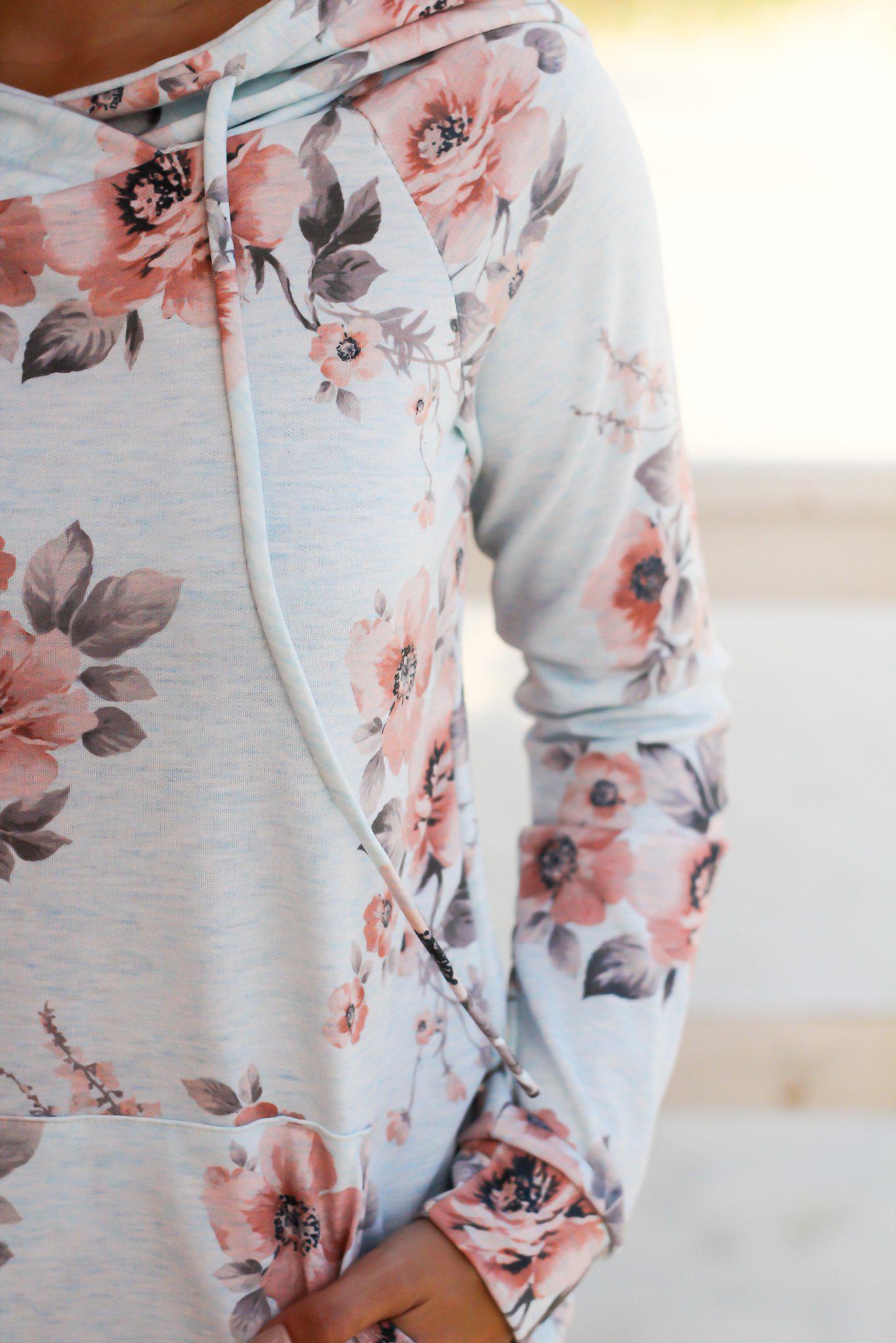 Stylish Light Blue Floral Print Hoodie Sweater for Fall and Winter