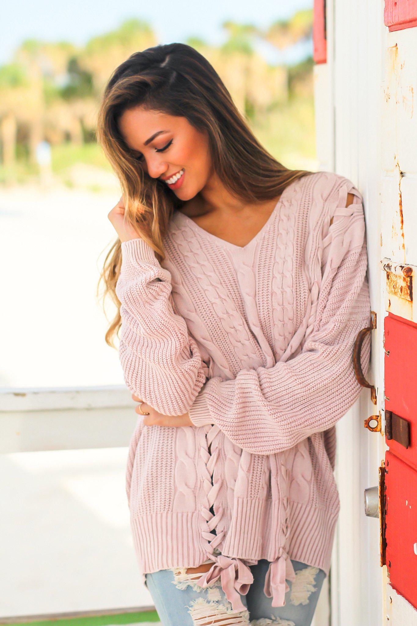 Stylish Mauve-colored Cable Knit Cotton Sweater for Fall and Winter