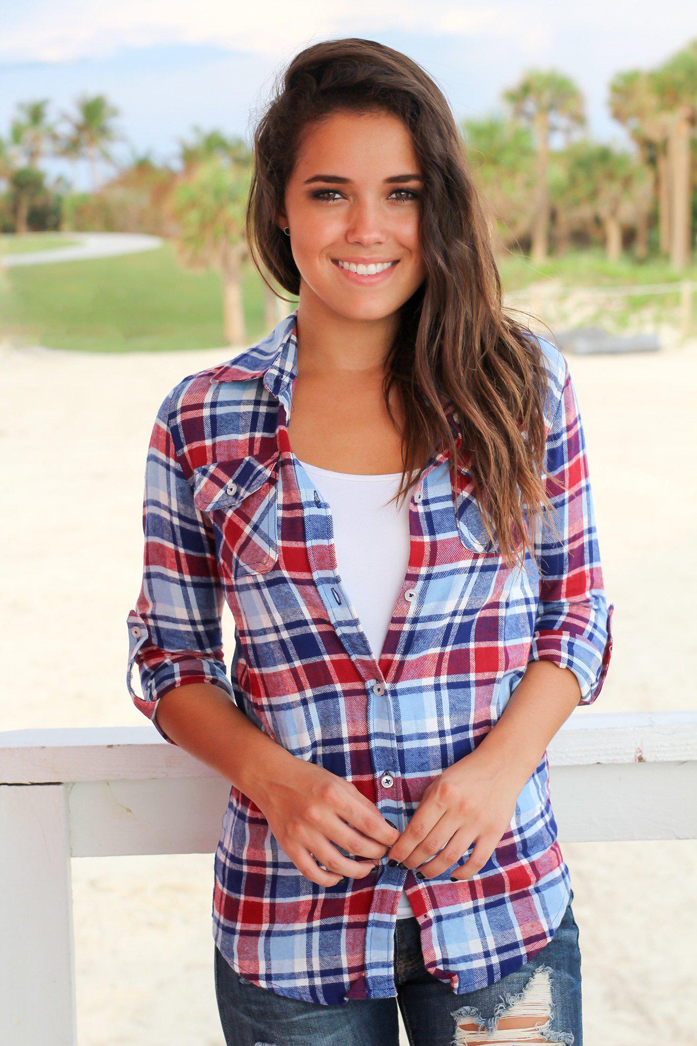 Stylish Light Blue and Crimson Plaid Women's Cotton Top