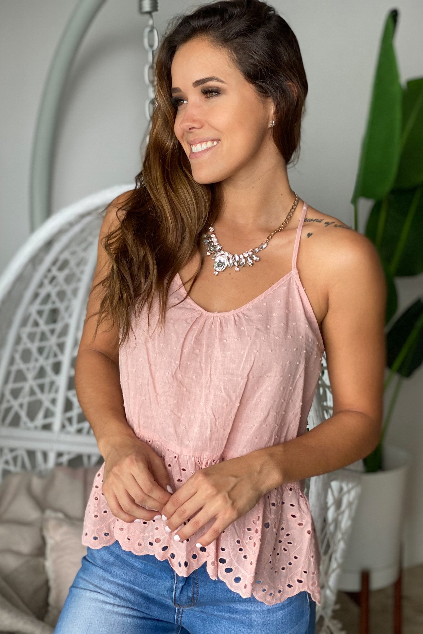 Charming Mauve Cotton Eyelet Top with Polkadot Embellishments