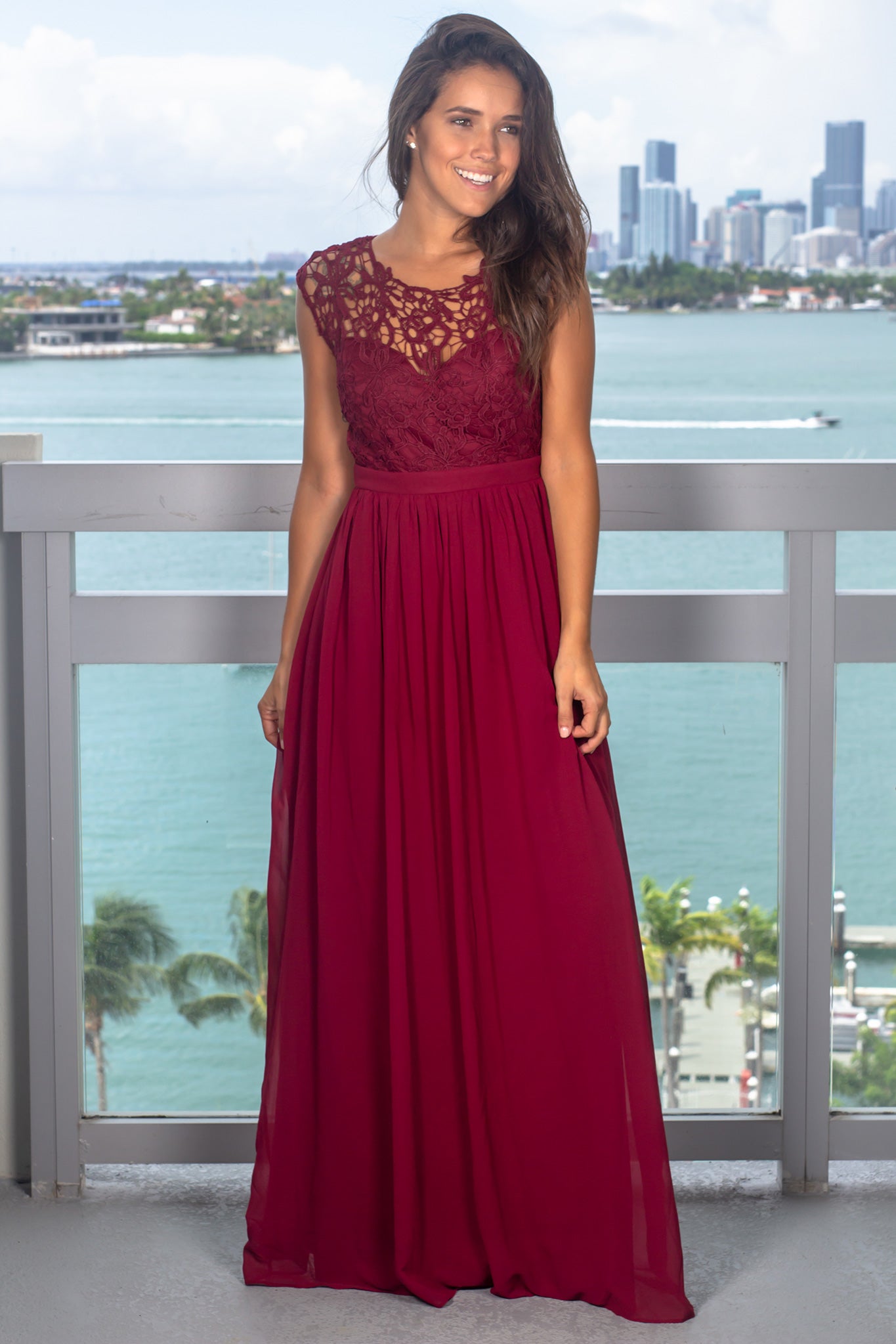 Elegant Burgundy Crochet and Tulle Back Women's Maxi Dress for Special Occasions
