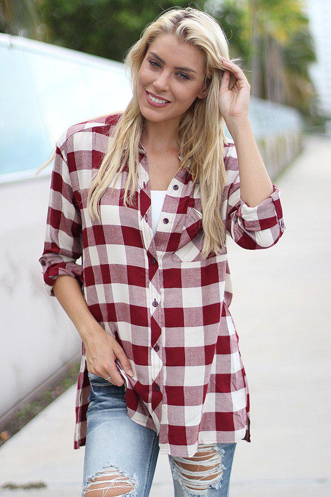 Stylish Burgundy and White Plaid Women's Tunic Top for Casual Wear