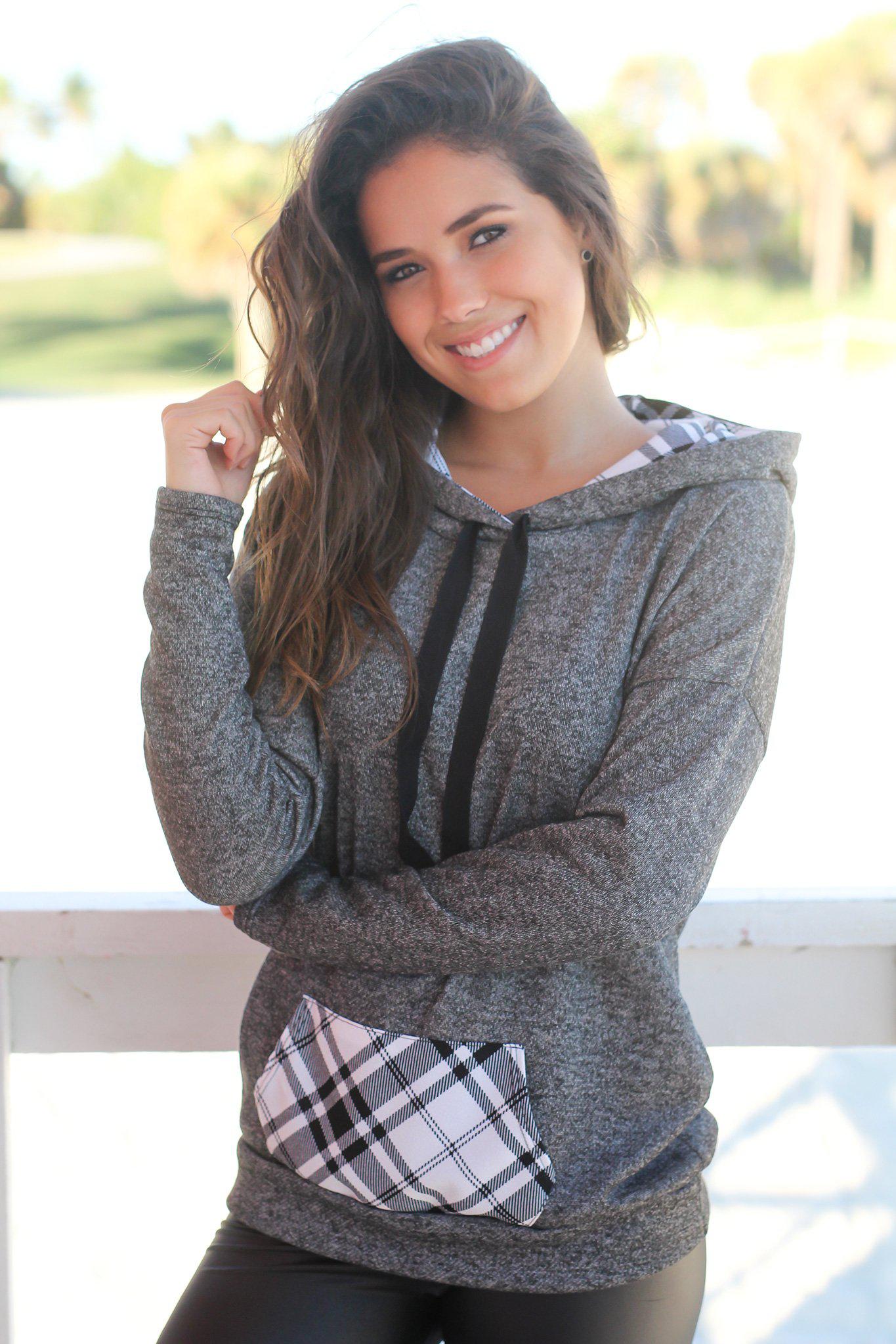Stylish Charcoal Hoodie Featuring Charming Plaid Details