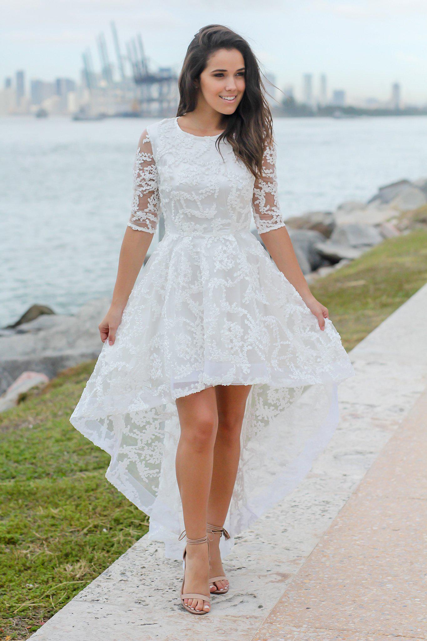 Stunning Ivory 3/4 Sleeve High Low Style Dress