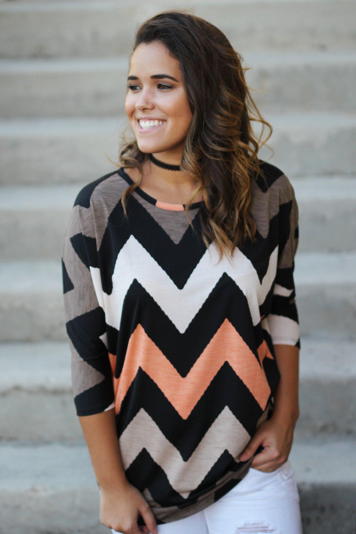 Stylish Brown and Peach Chevron-Print Women's Top for Fall