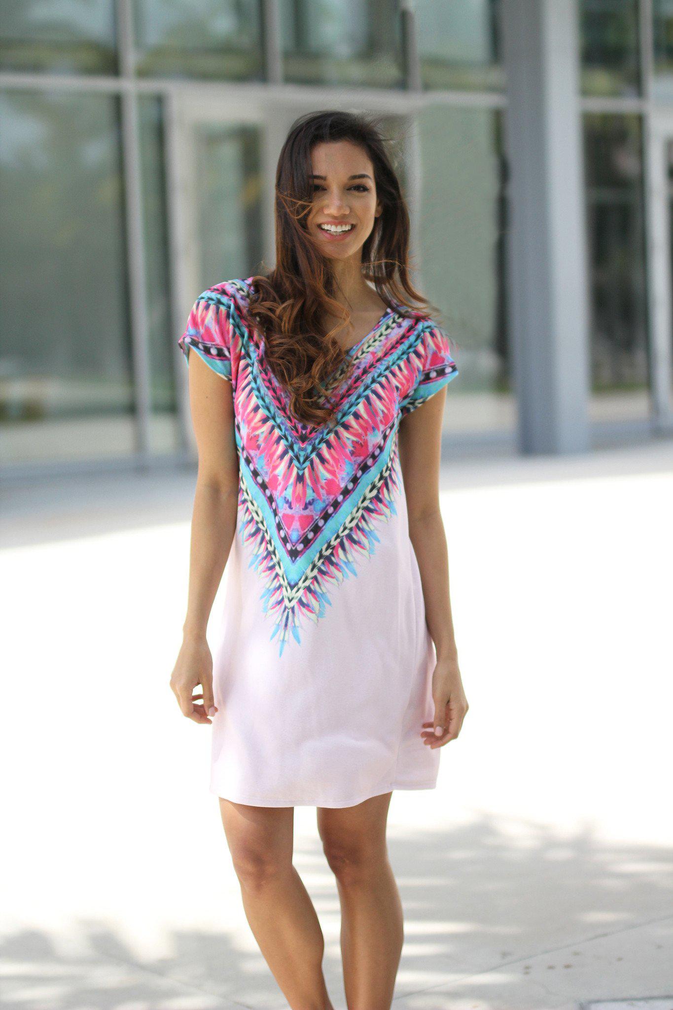 Stylish Light Pink Tribal Patterned Women's Tunic Dress for All Seasons