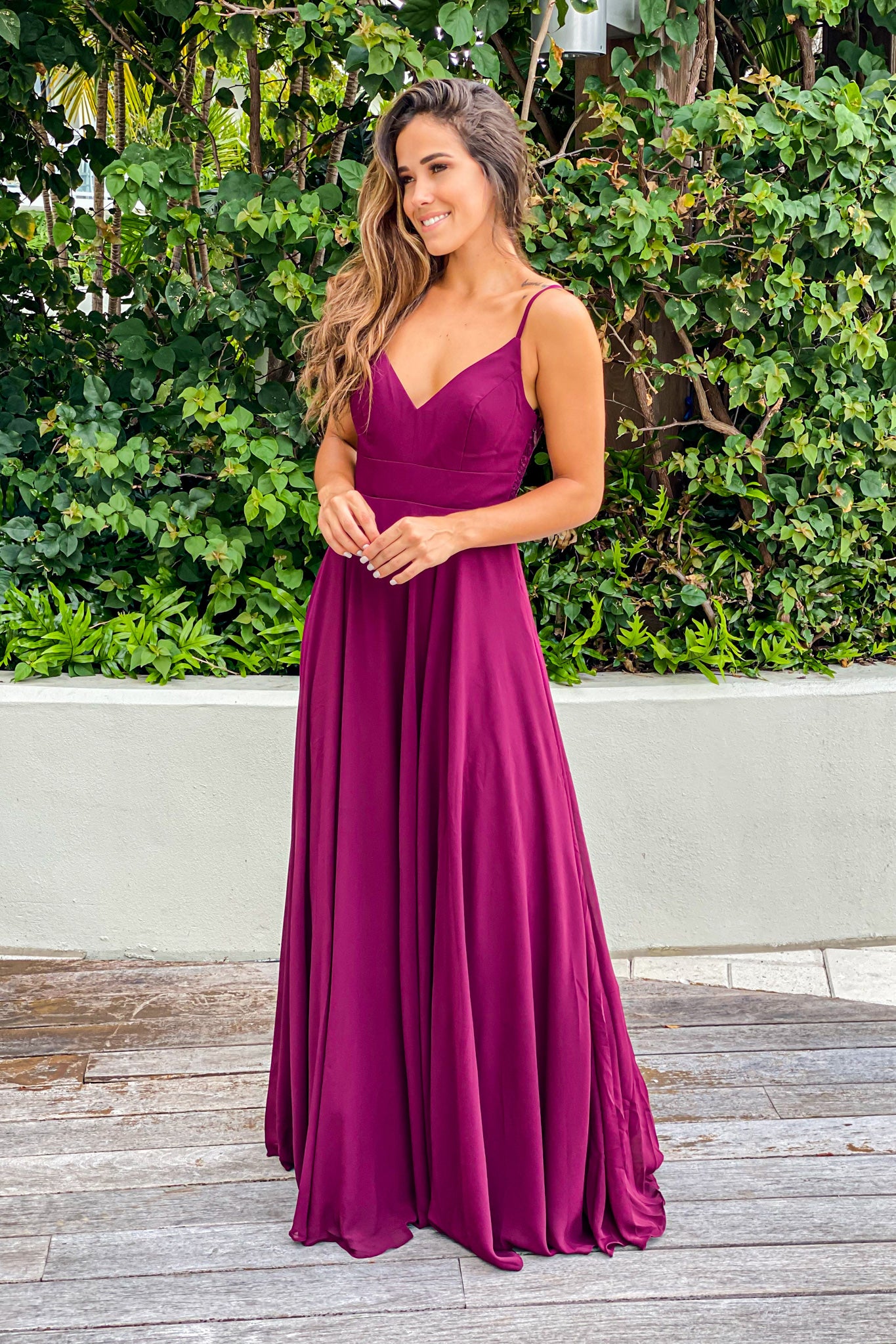Elegant Burgundy Sleeveless Maxi Dress with Embroidered Back and Button Design