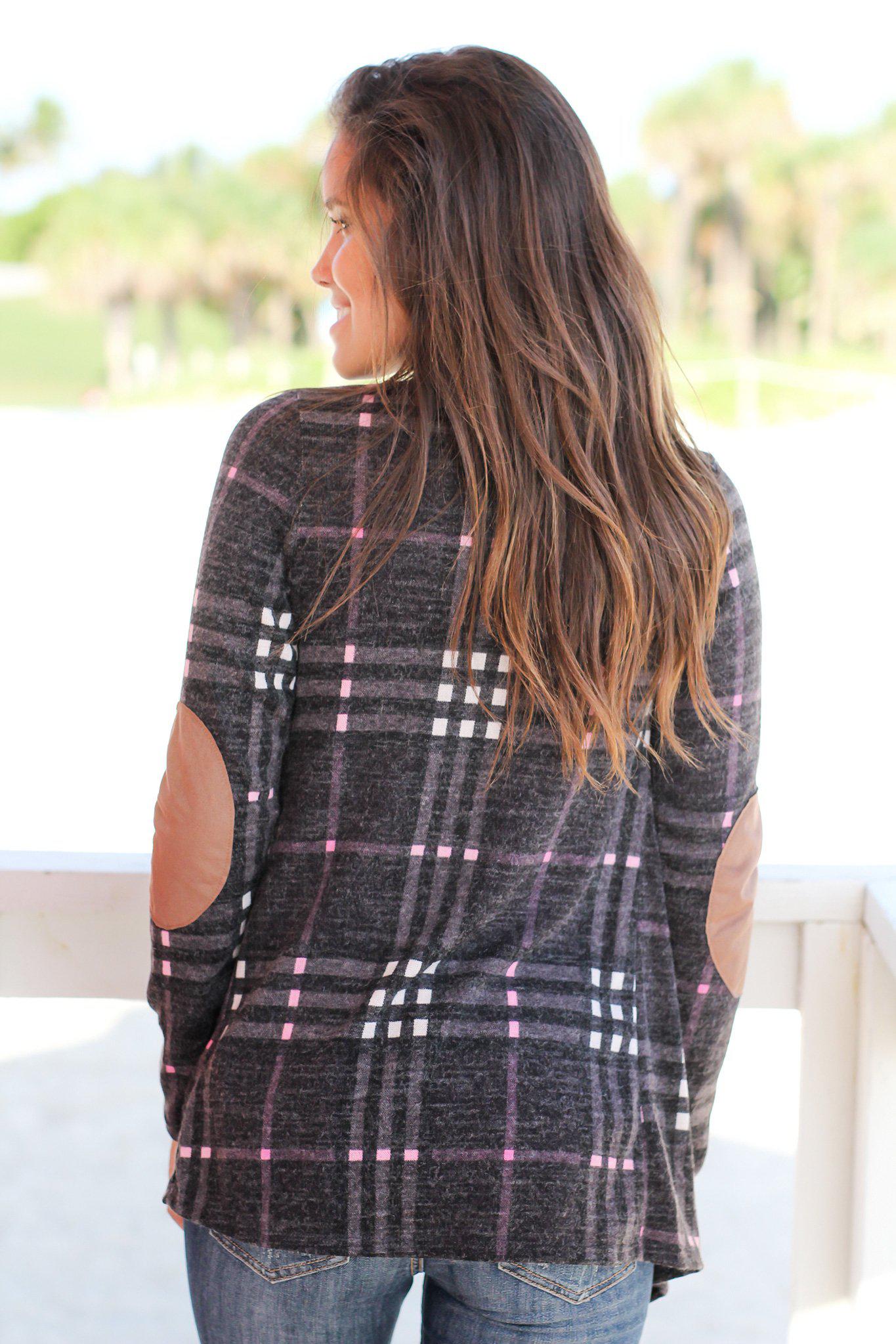 Stylish Charcoal Plaid Knitted Cardigan for Women with Faux Suede Elbow Patches