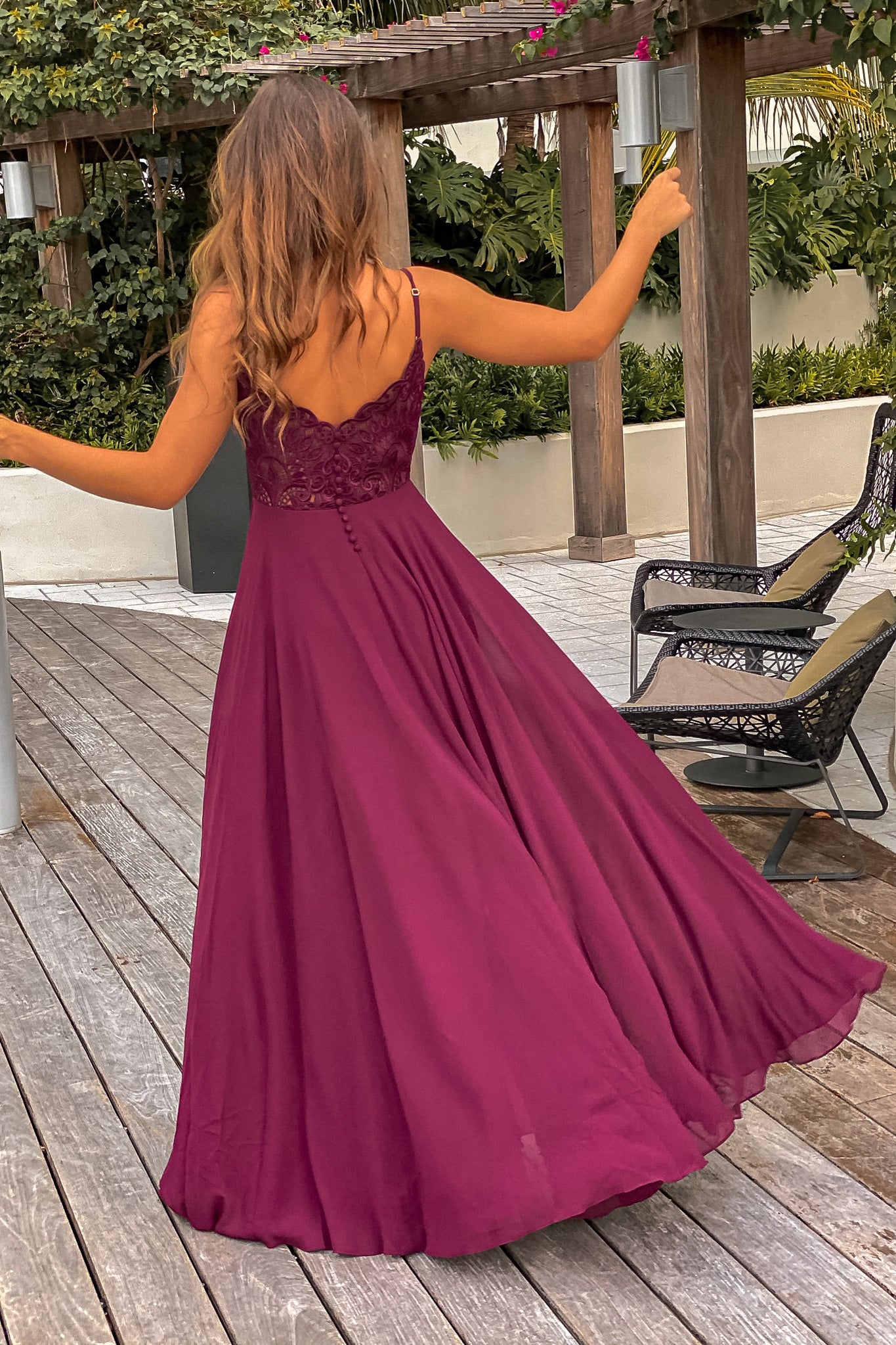 Elegant Burgundy Sleeveless Maxi Dress with Embroidered Back and Button Design