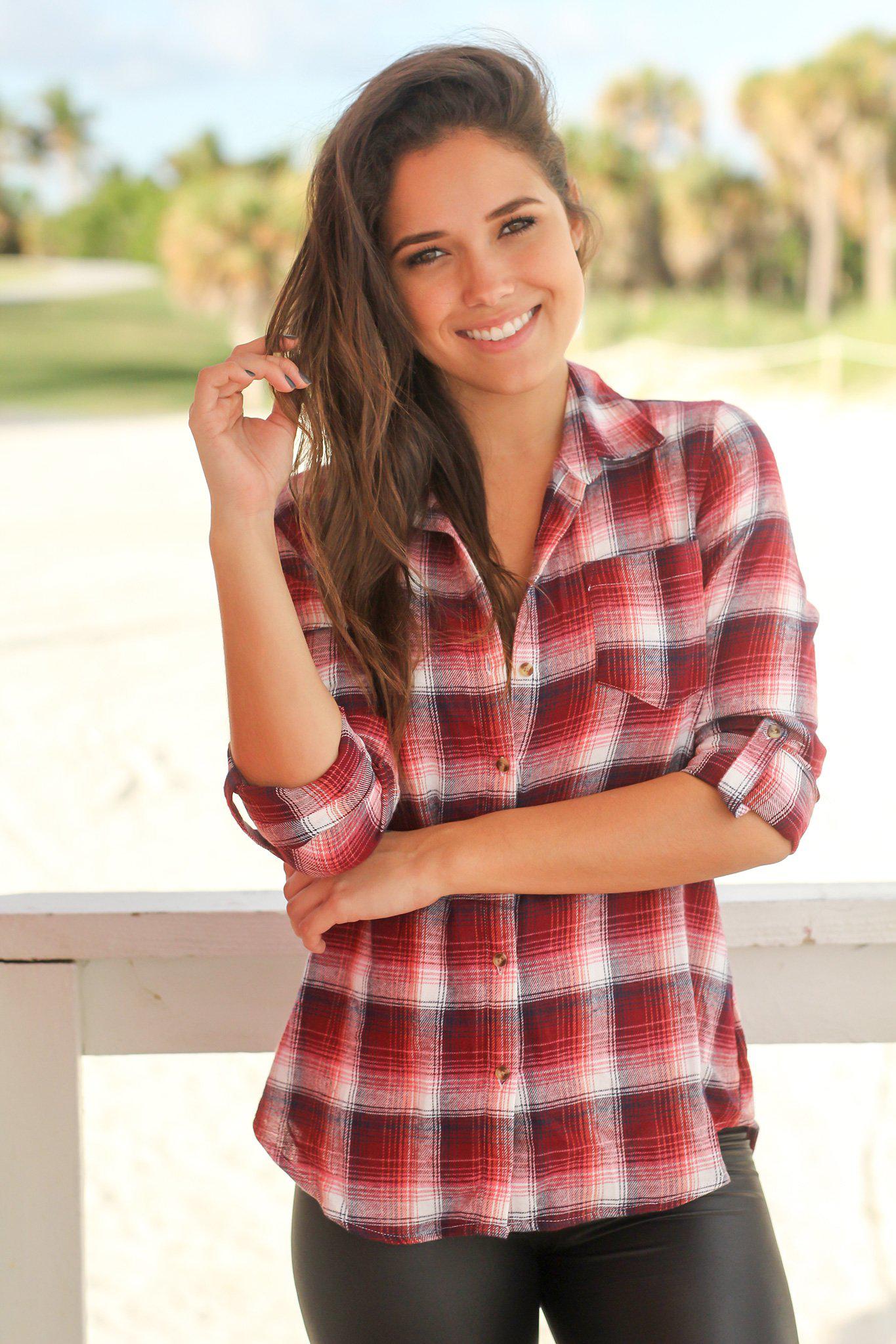 Stylish Burgundy, Ivory, Navy & Black Plaid Cotton Button - Up Top
