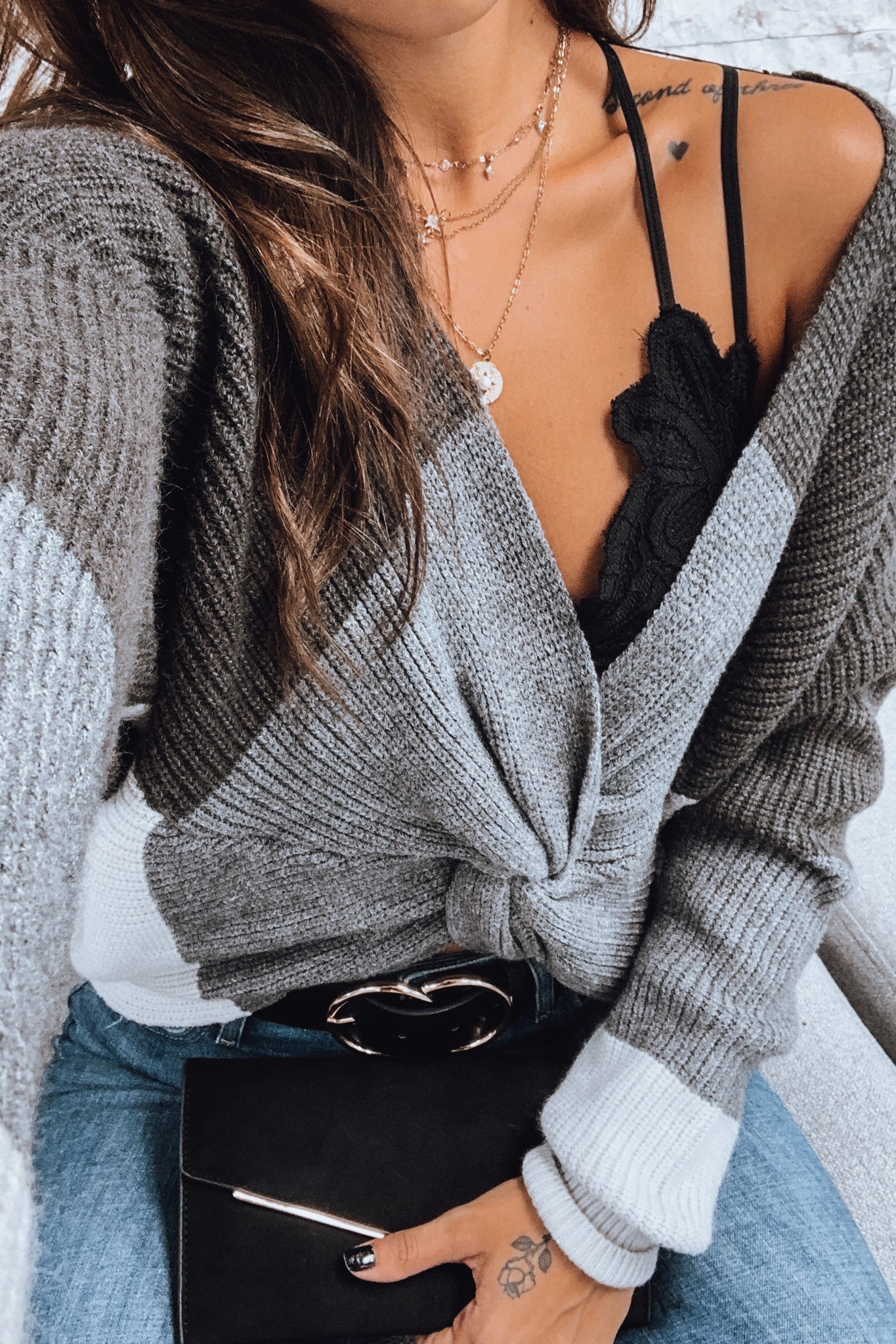 Stylish Charcoal Color Block Knitted Sweater for Fall Season
