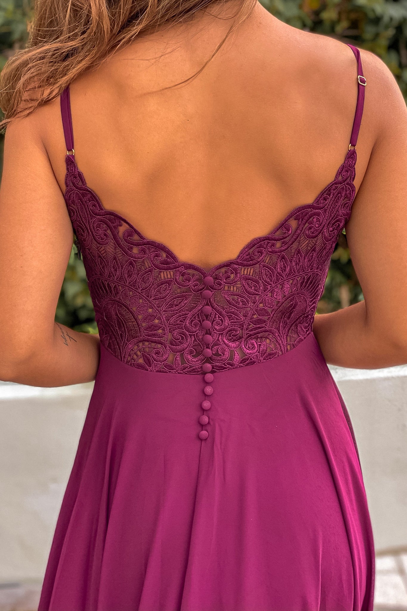 Elegant Burgundy Sleeveless Maxi Dress with Embroidered Back and Button Design