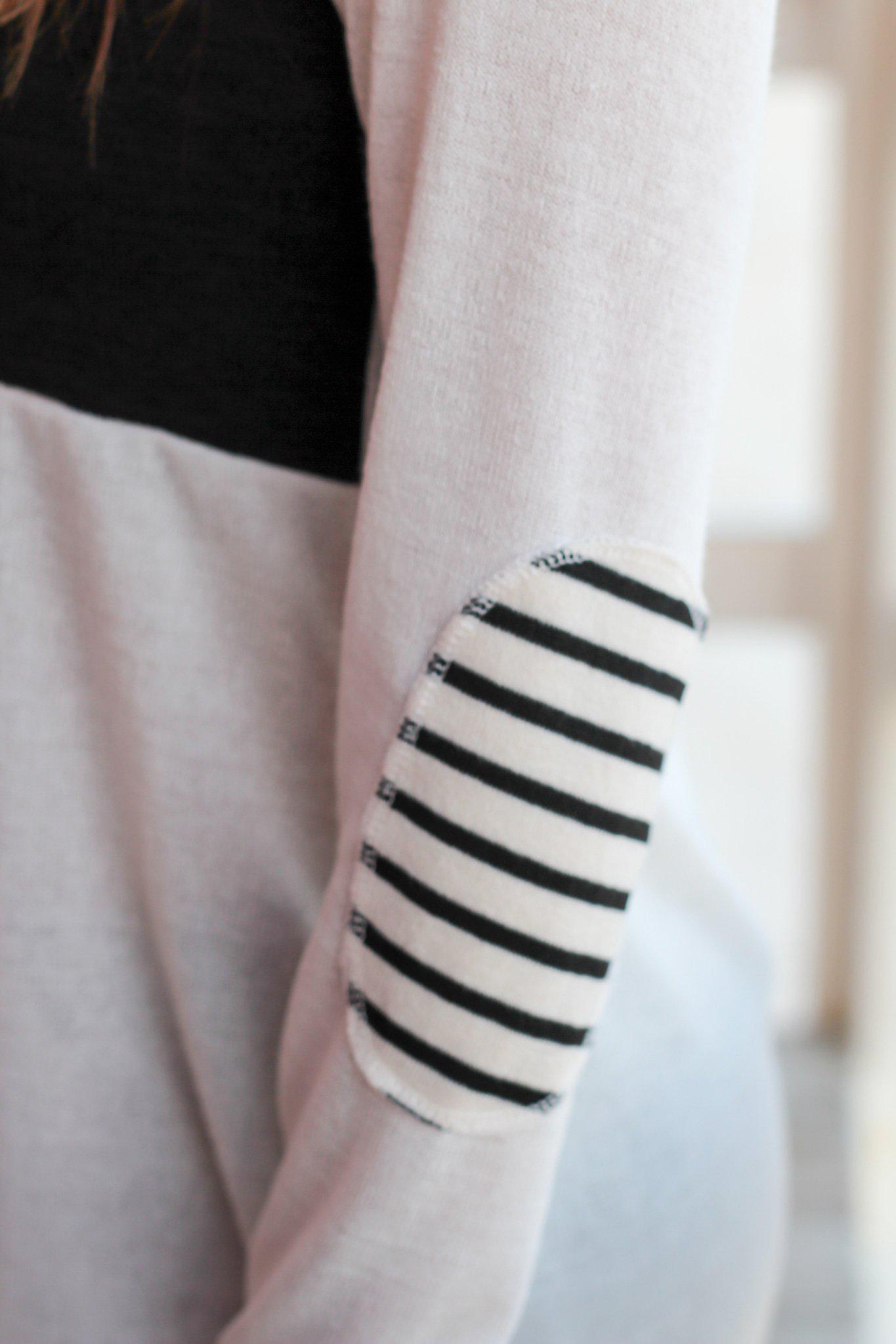 Stylish Ivory Color Block Top with Charming Striped Elbow Patches