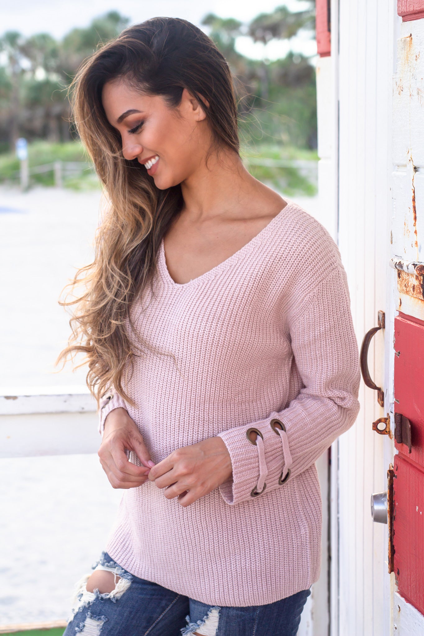 Charming Blush-colored Knit Sweater with Elegant Gold Accents