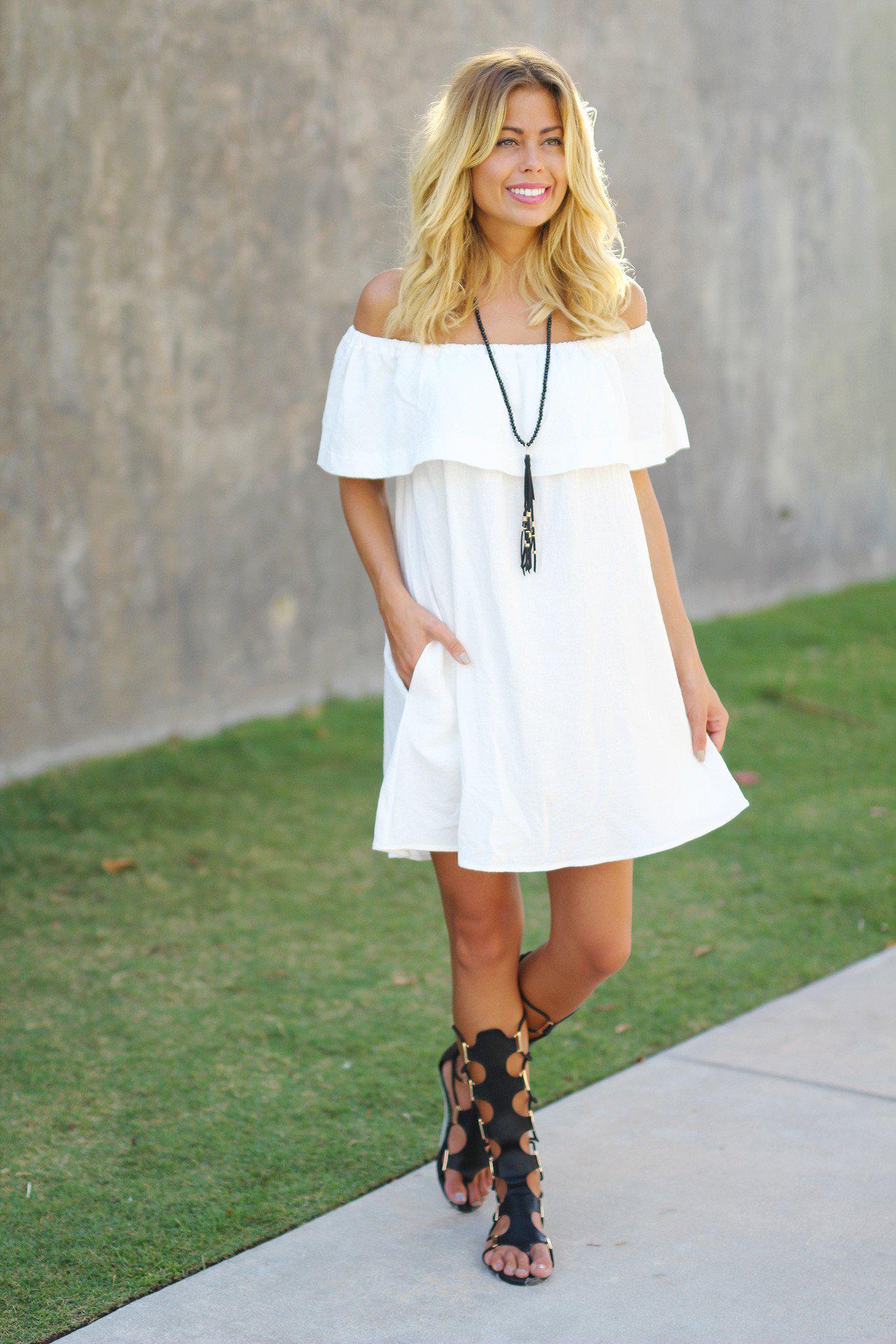 Stylish Ivory Off - Shoulder Ruffled Short Dress with Side Pockets