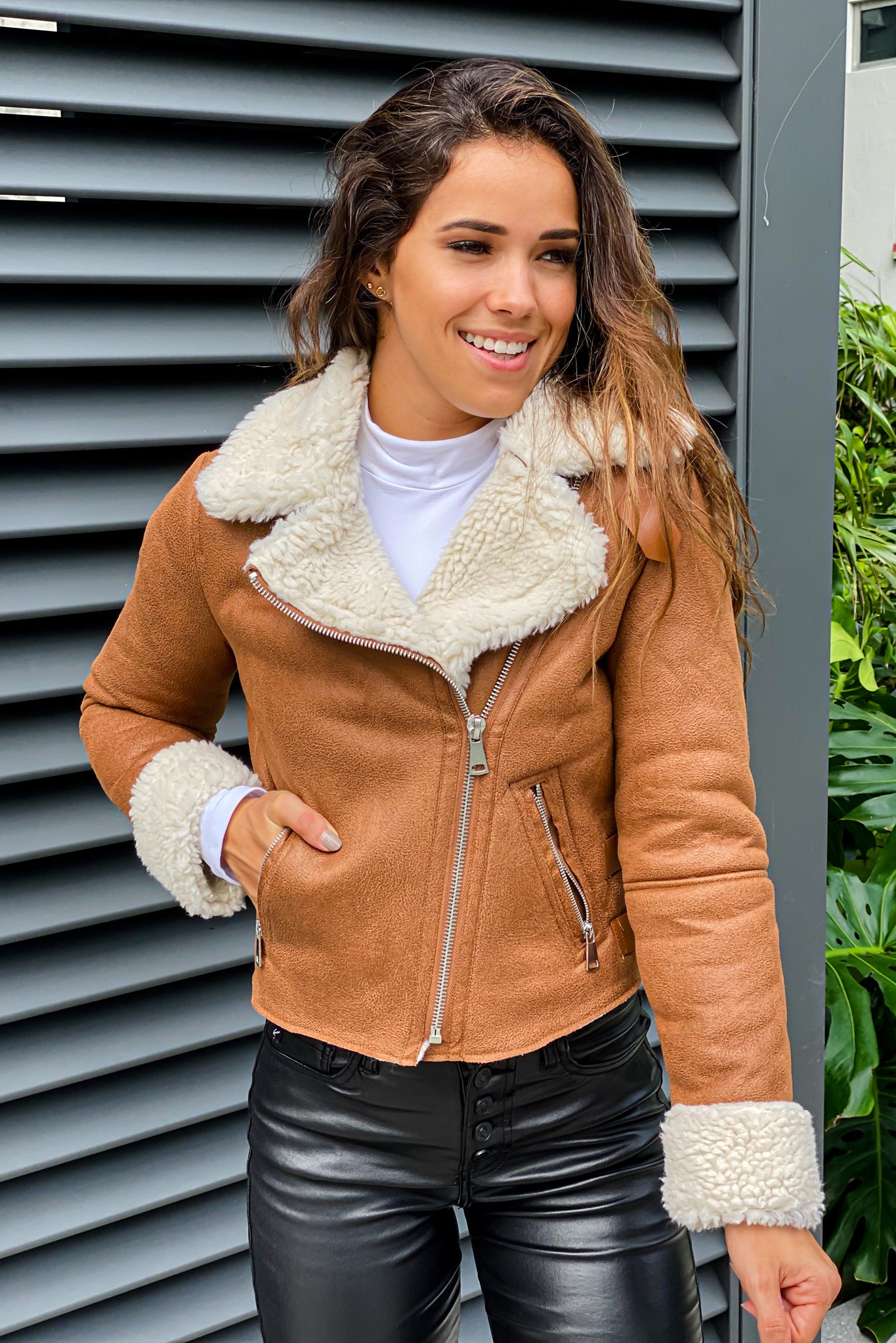 Comfortable Camel Suede and Fuzzy Sherpa Long - Sleeve Jacket