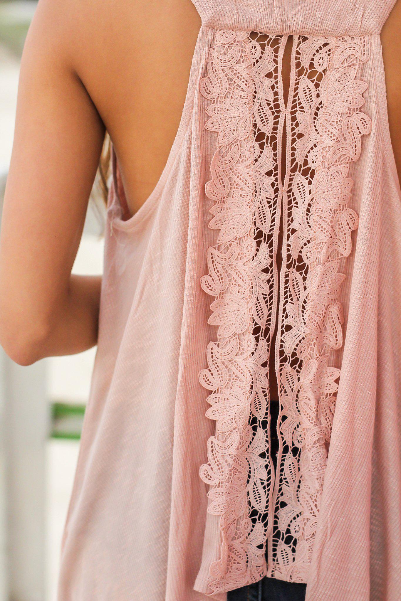 Stylish Women's Blush Colored Tank Top Featuring Crochet Detailing on Back and Neckline