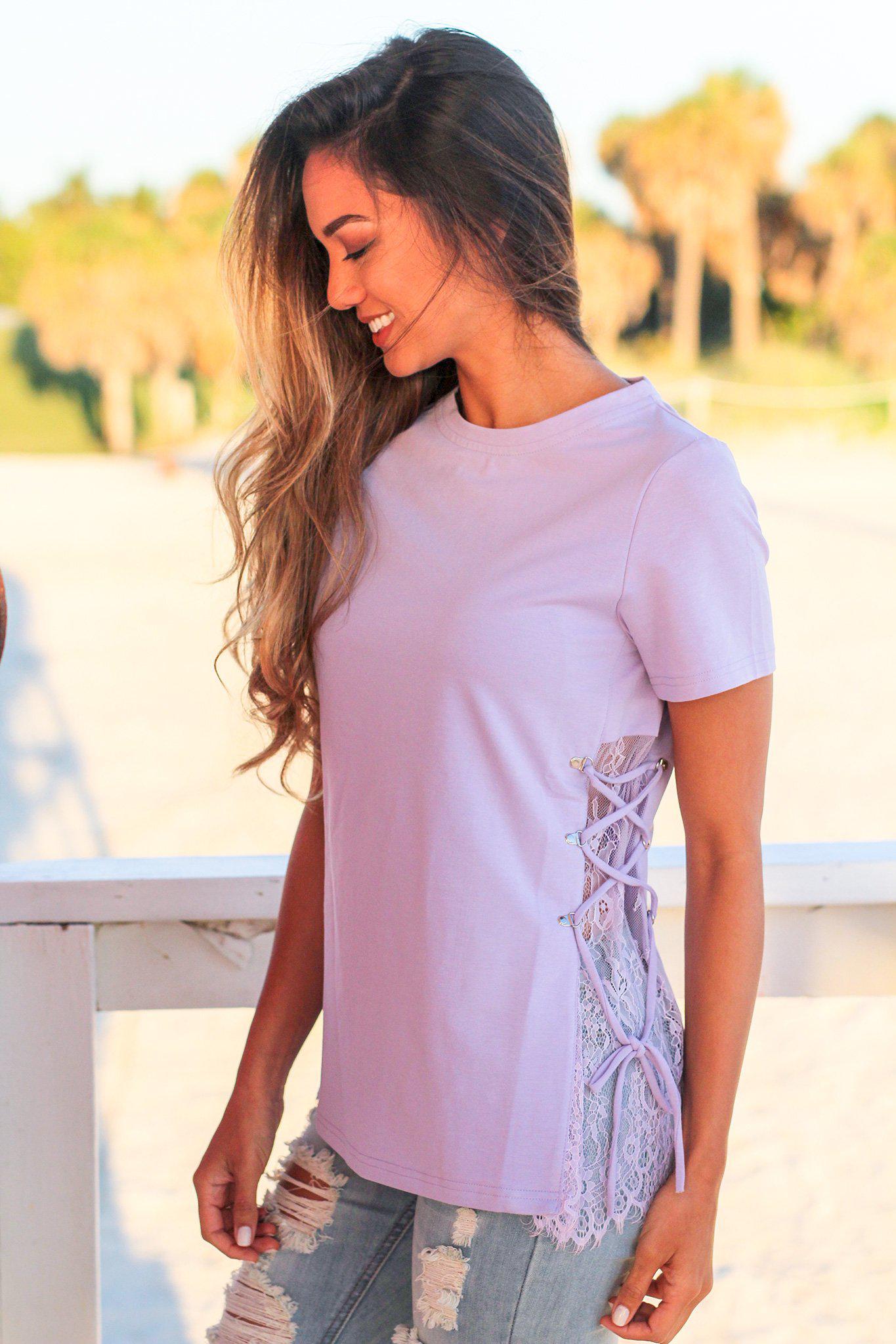 Adorable Lavender Short - Sleeve Top with Side Lace - Up Design