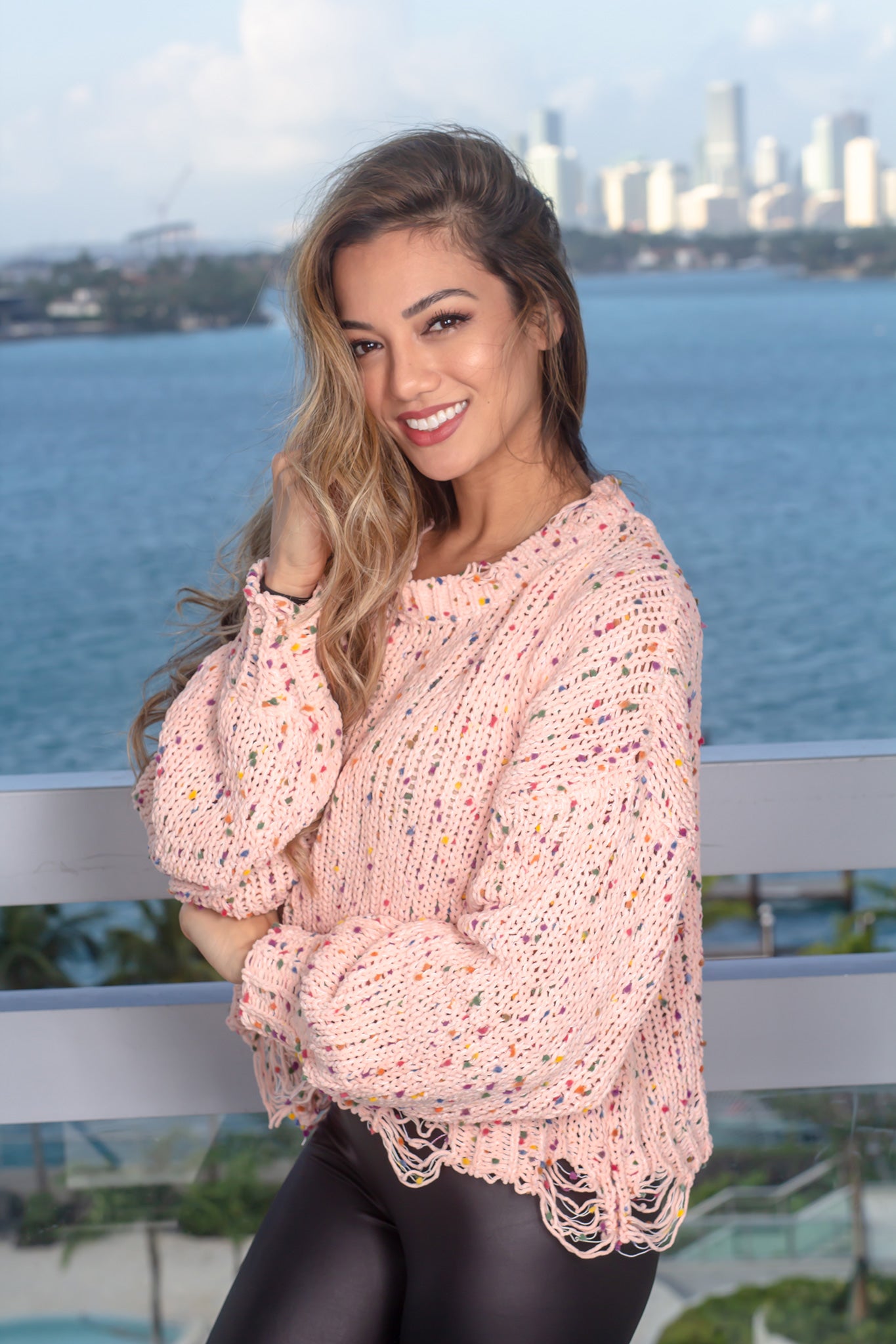 Stylish Multi - Colored Mauve Distressed Knit Sweater