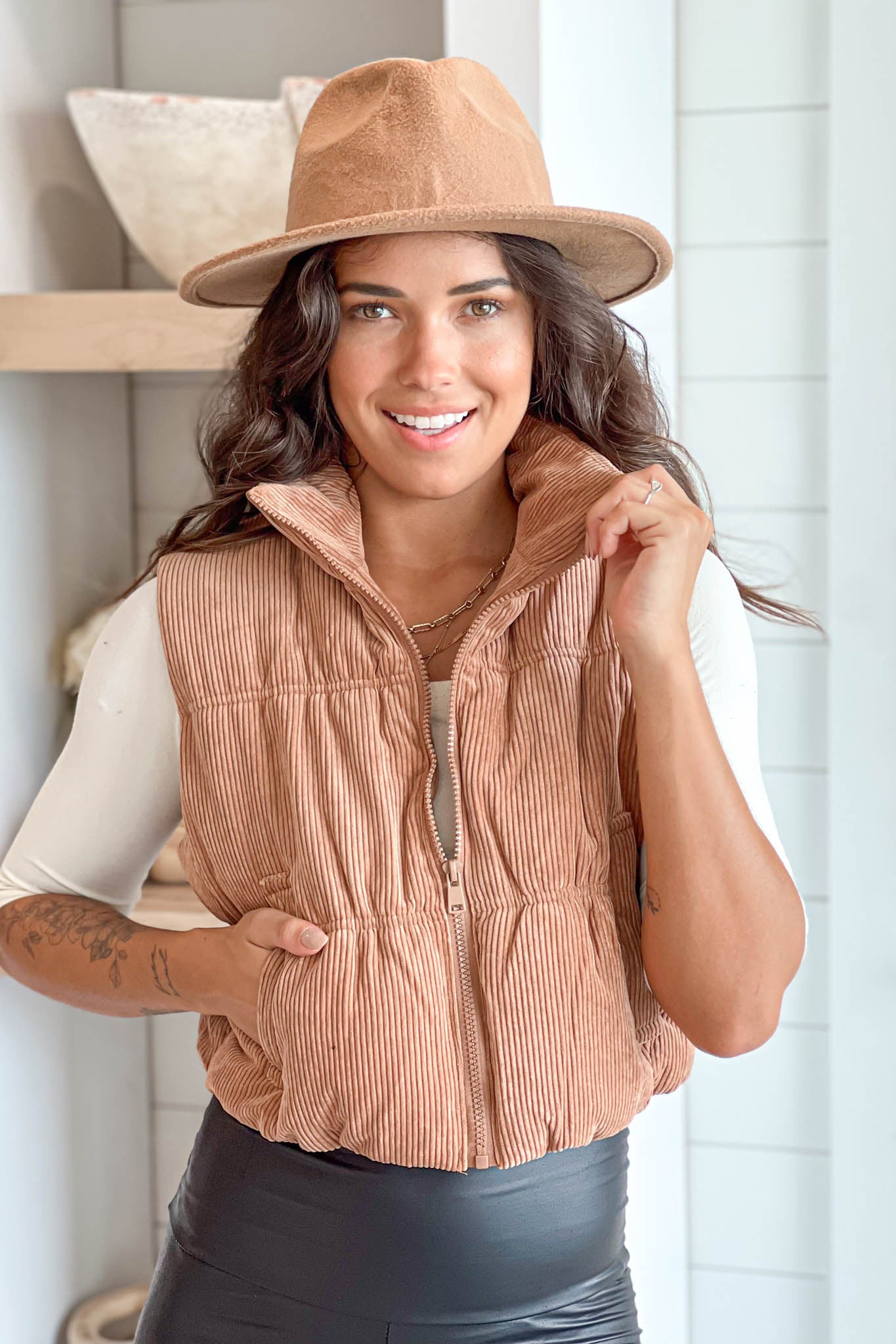 Stylish Camel Corduroy Quilted Puffer Vest with Pockets