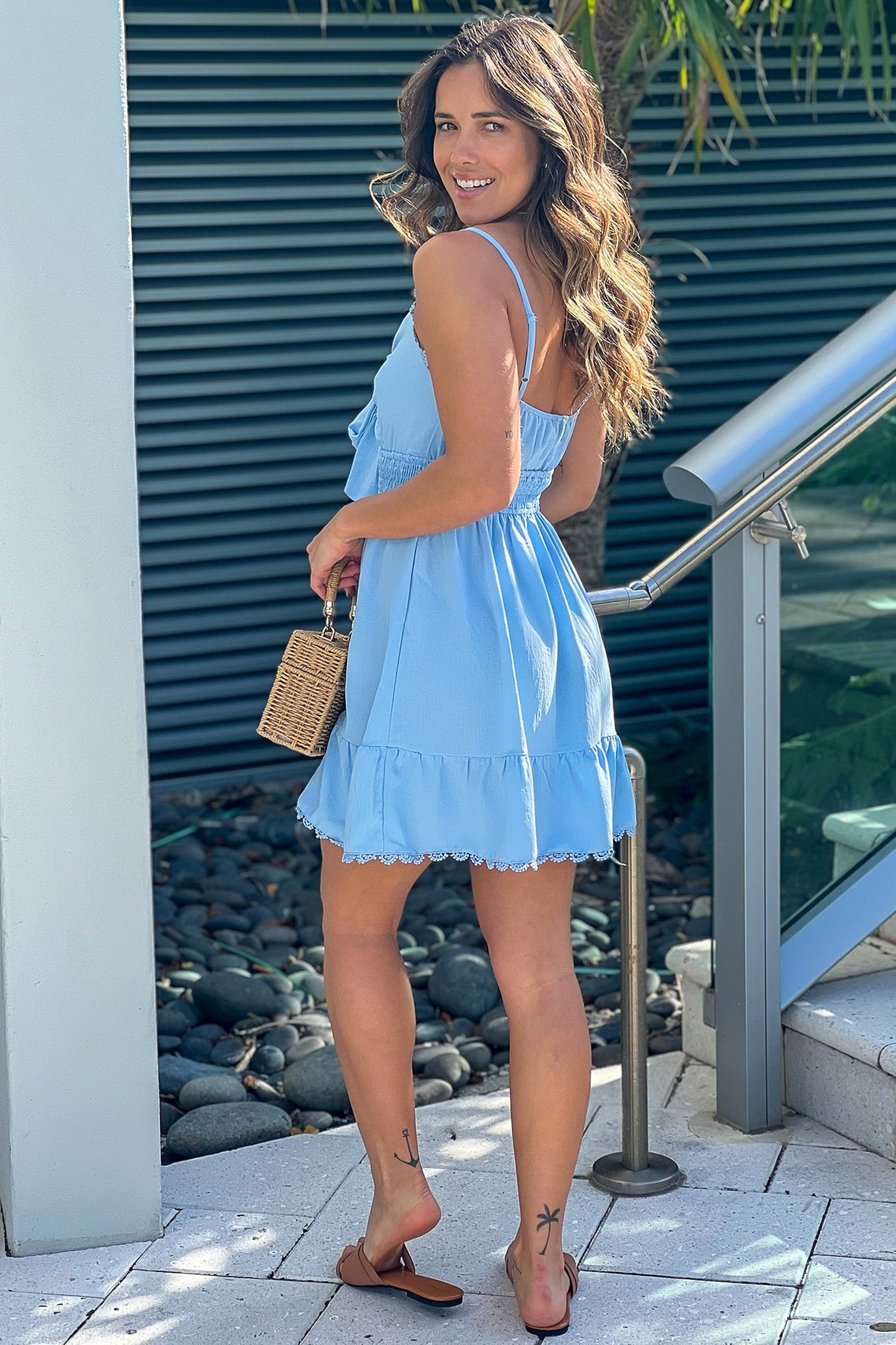 Charming Light Blue Short Women's Dress Adorned with a Bow