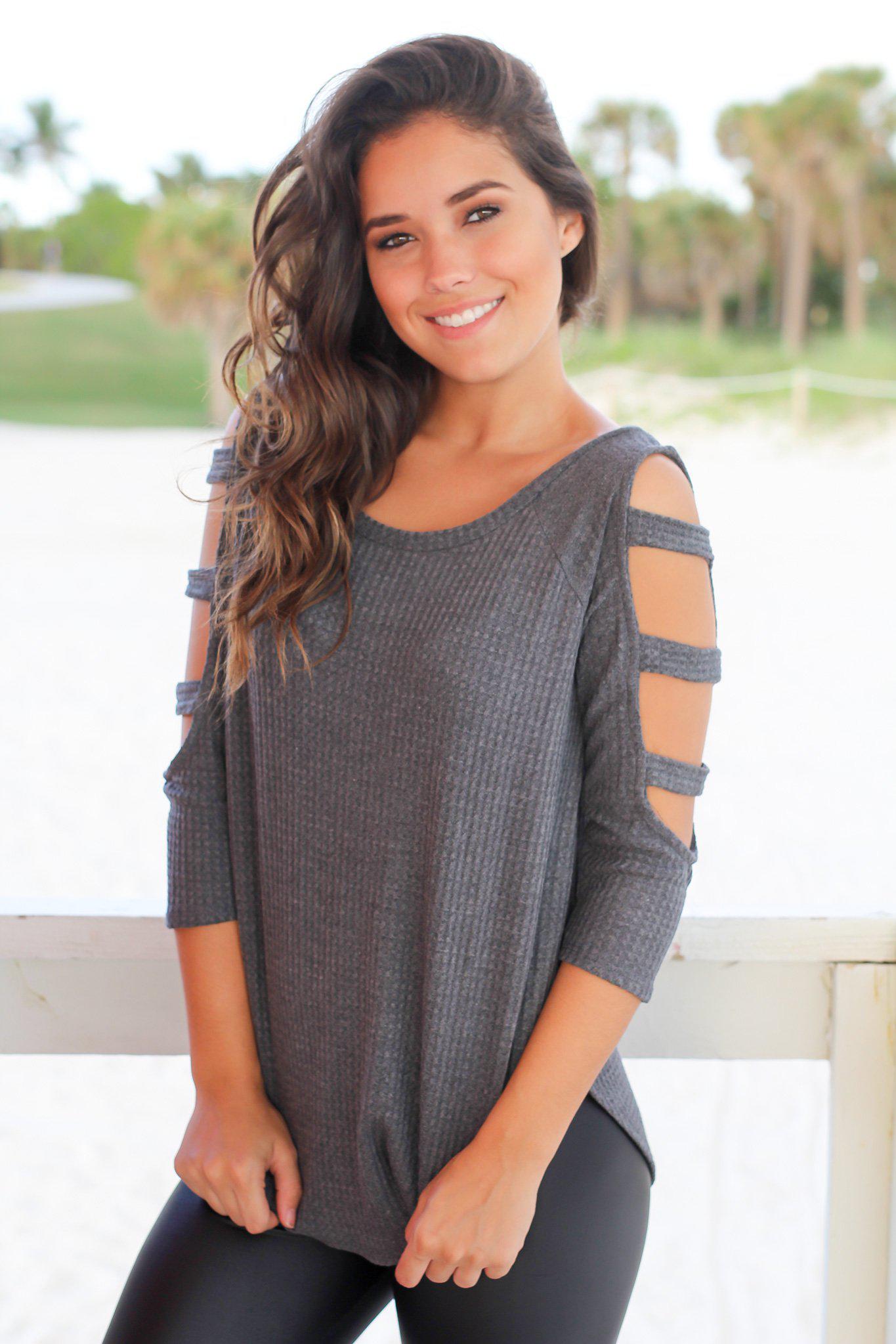 Charcoal Knitted Women's Top with Stylish Cut-Out Sleeve Design