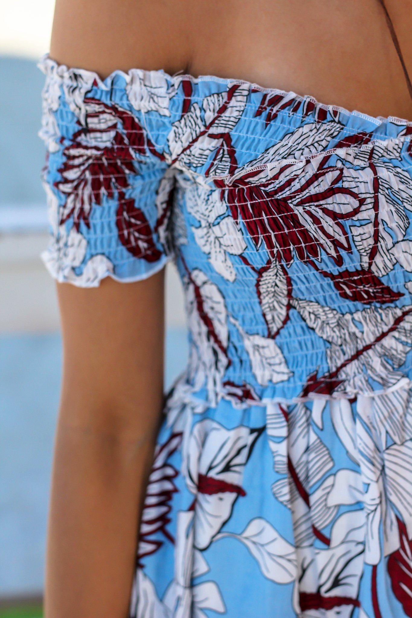 Stunning Light Blue Tropical Off-the-Shoulder Short Summer Dress