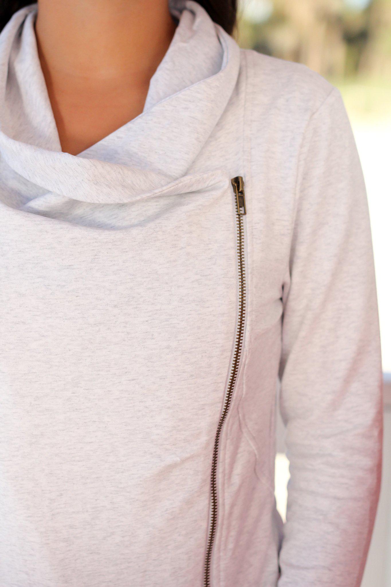 Fashionable Light Gray Women's Jacket with a Stylish Side Zipper