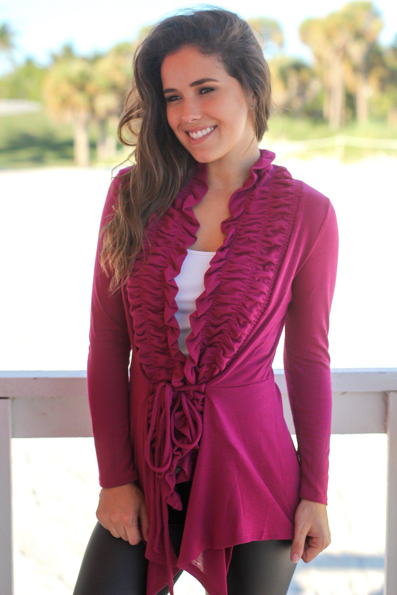 Stunning Magenta Women's Fashion Ruffled Cardigan for All Seasons