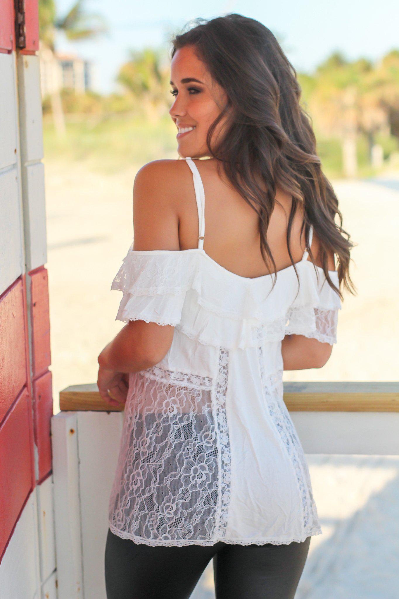 Charming Ivory Sheer Lace Cold Shoulder Off - Shoulder Top