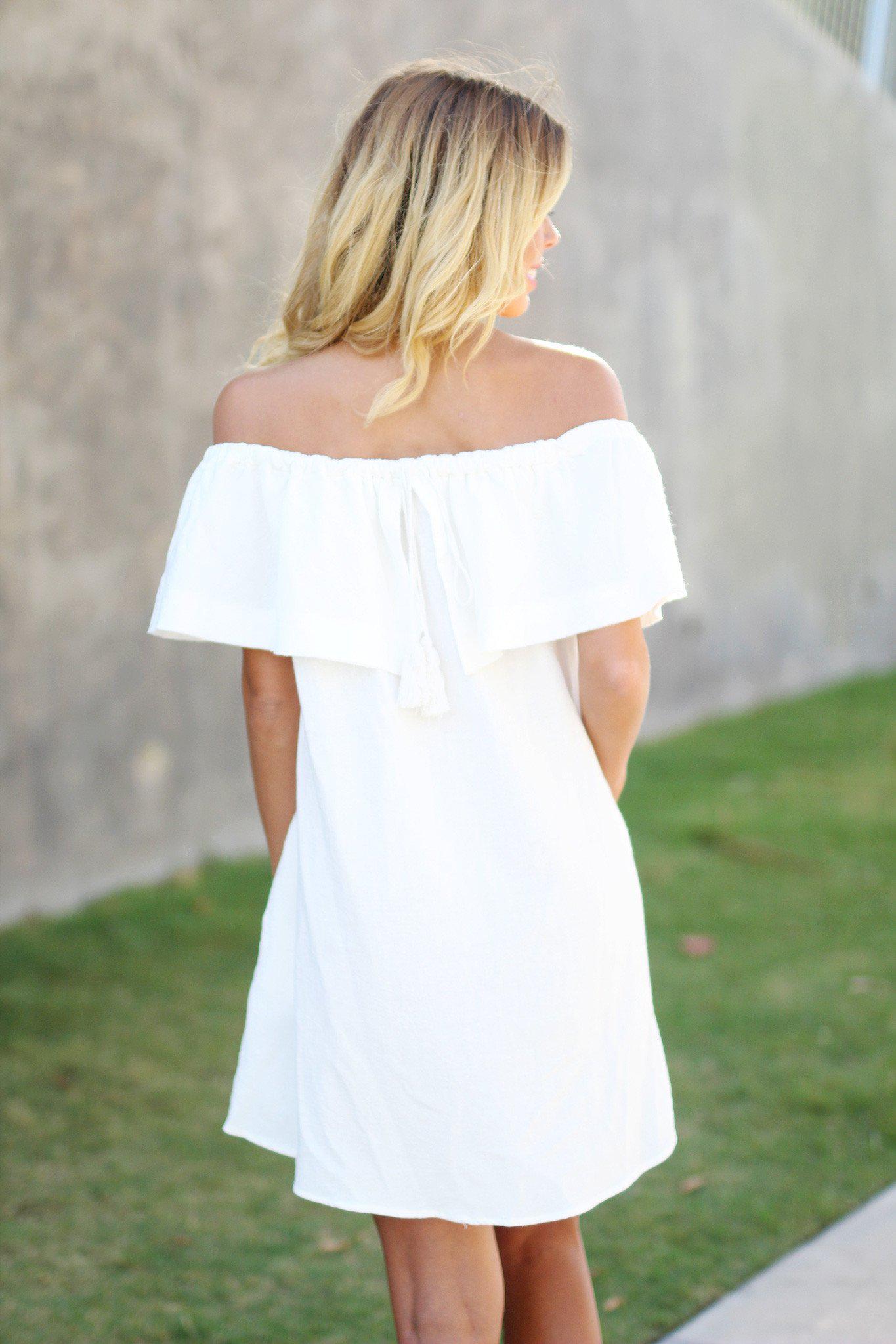 Stylish Ivory Off - Shoulder Ruffled Short Dress with Side Pockets