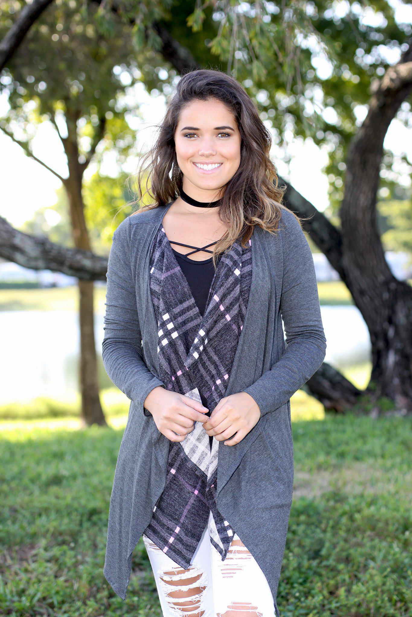 Stylish Charcoal Double - Layer Asymmetrical Plaid Cardigan