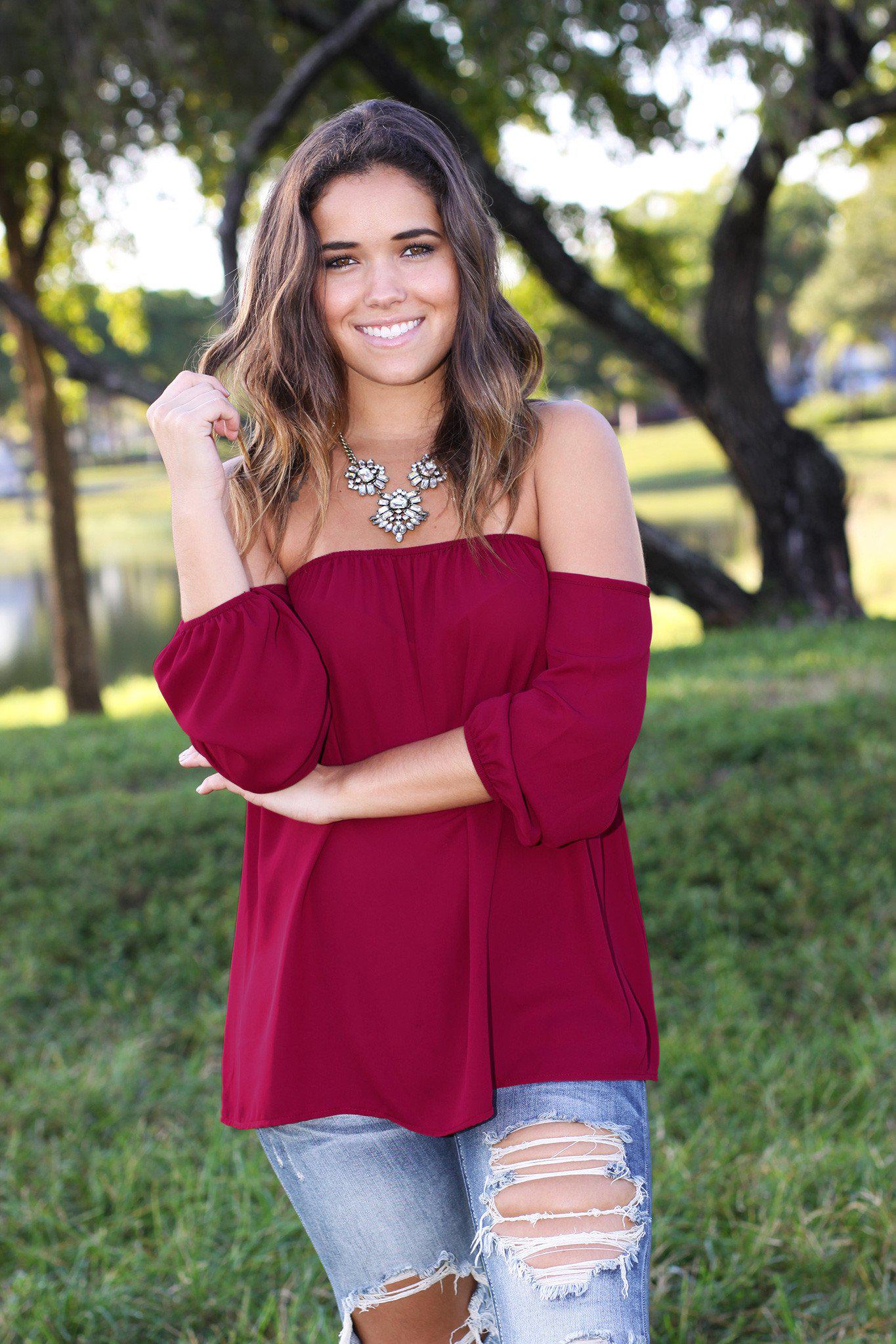 Stylish Burgundy Off - Shoulder Lightweight Polyester Top