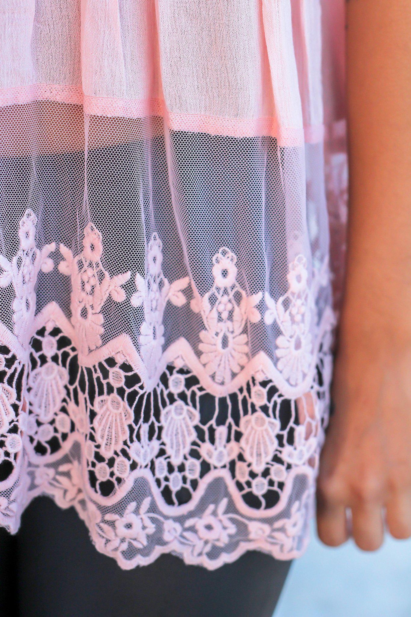 Adorable Blush V-Neck Crochet-Trimmed Top for a Feminine Look