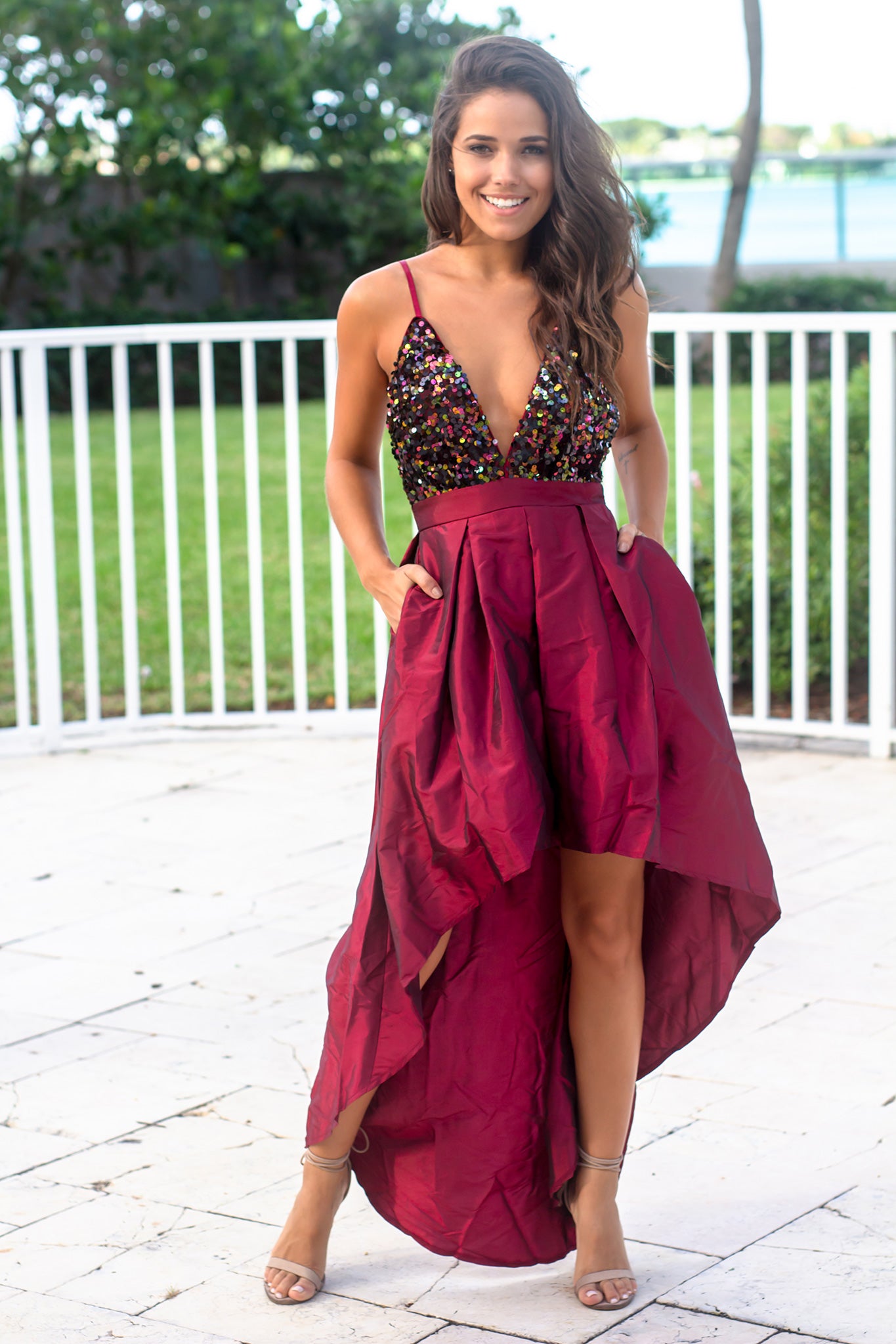 Gorgeous Burgundy Sequin Top High Low Women's Evening Dress with Functional Pockets