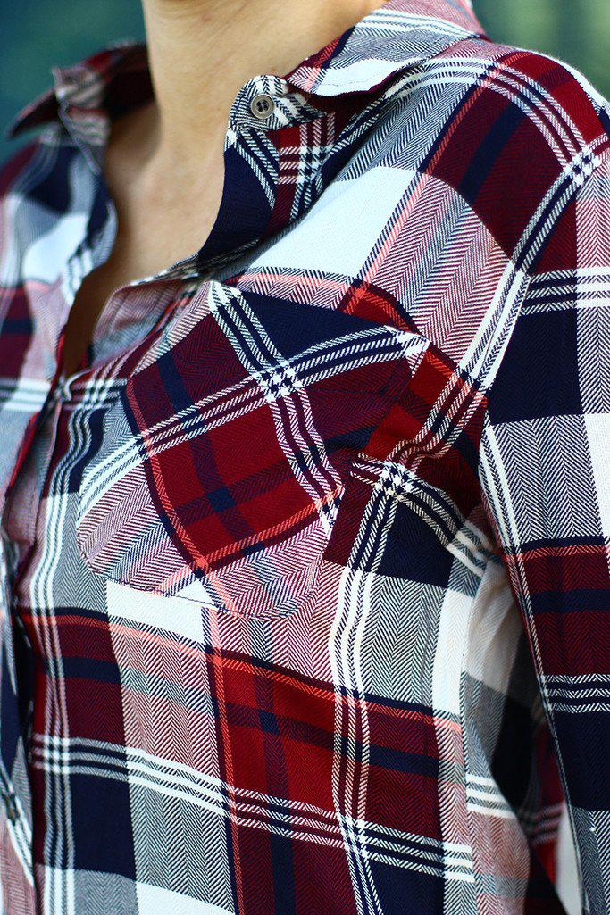 Stylish Burgundy and Multi - Color Plaid Long - Sleeve Top