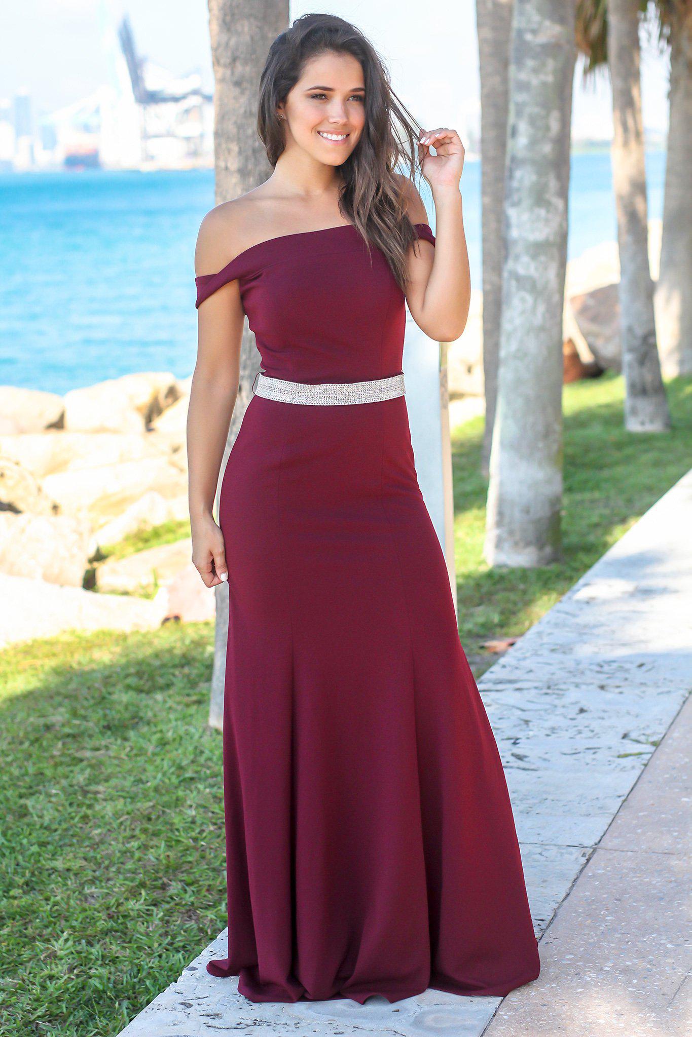 Gorgeous Burgundy Off-the-Shoulder Formal Maxi Dress with Sparkling Jewel Detail at Waist