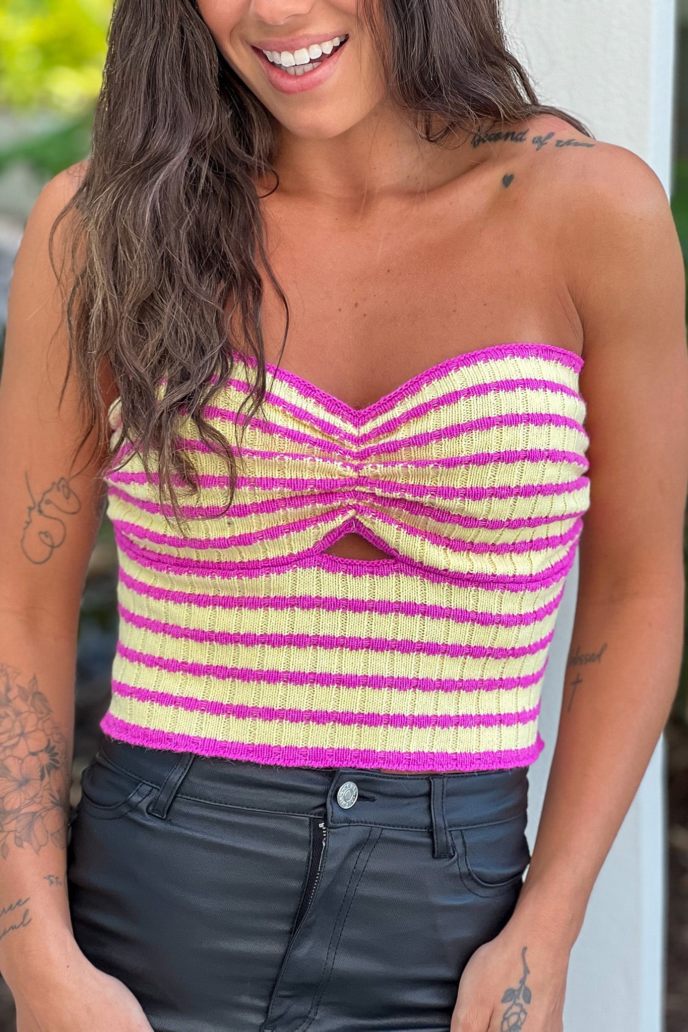 Fashionable Lemon and Pink Hued Strapless Crop Top for Women