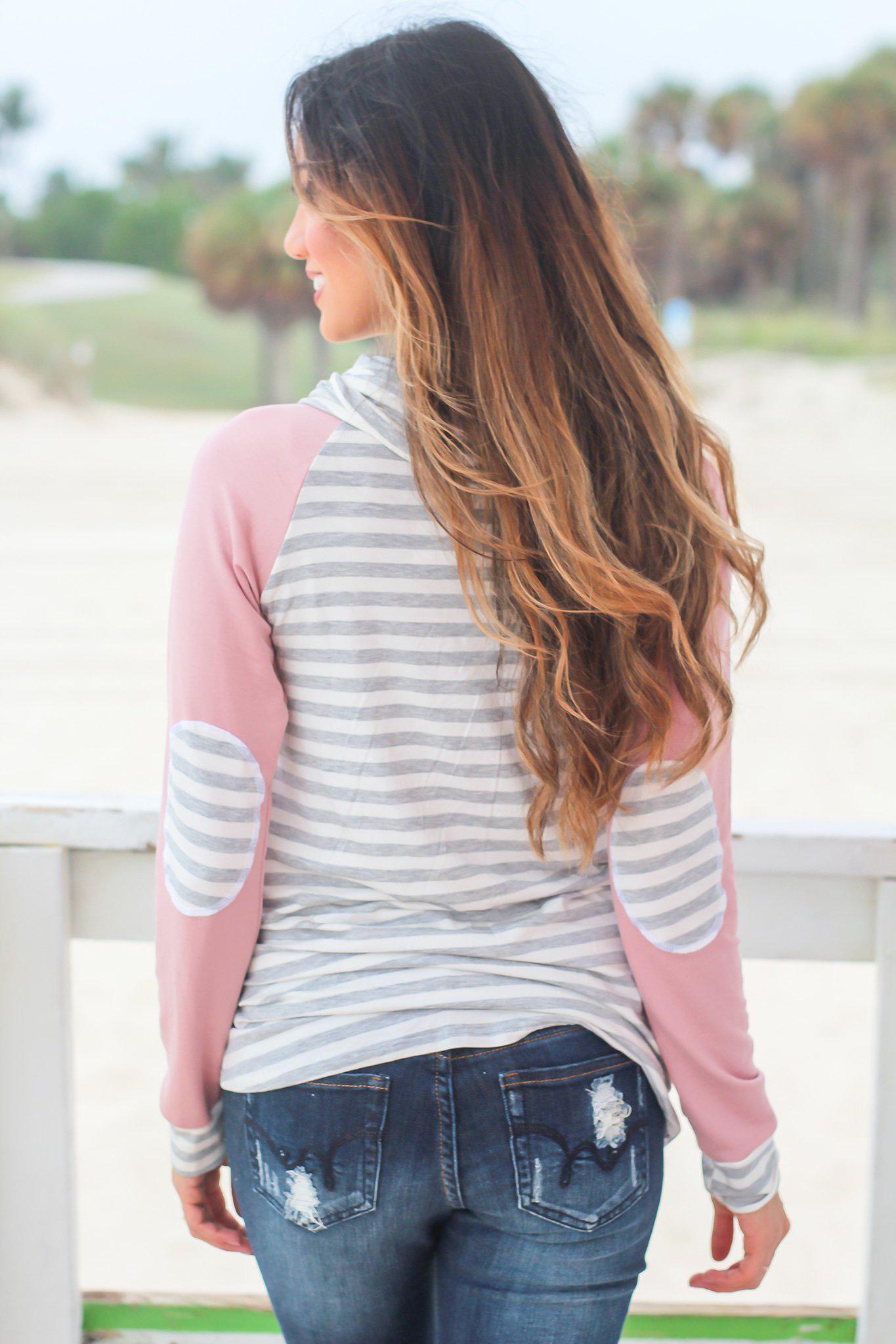Stylish Mauve and Gray Striped Women's Knit Sweater with Elbow Patches and Hood